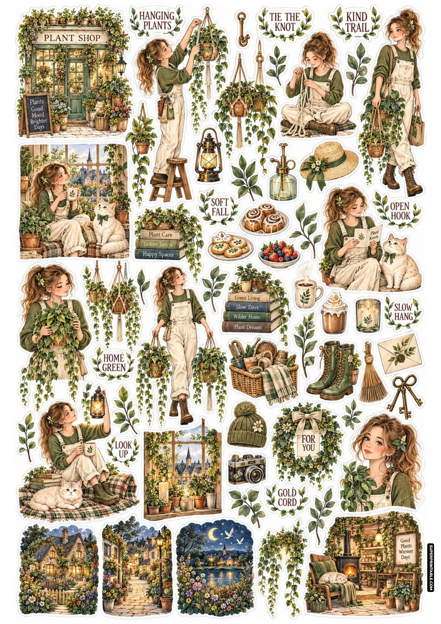 Illustrated stickers of a girl in cream overalls arranging macrame hanging planters, potted ivy, and cozy room decor.
