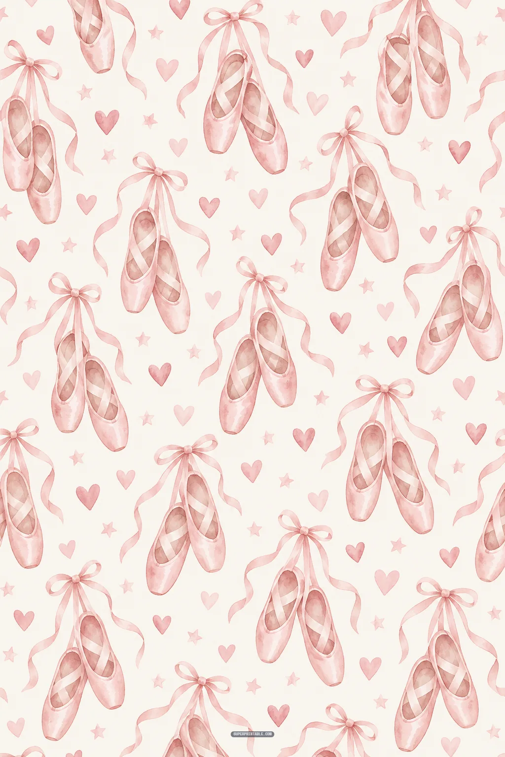 Pairs of pink ballet slippers tied with ribbons surrounded by floating watercolor hearts and stars