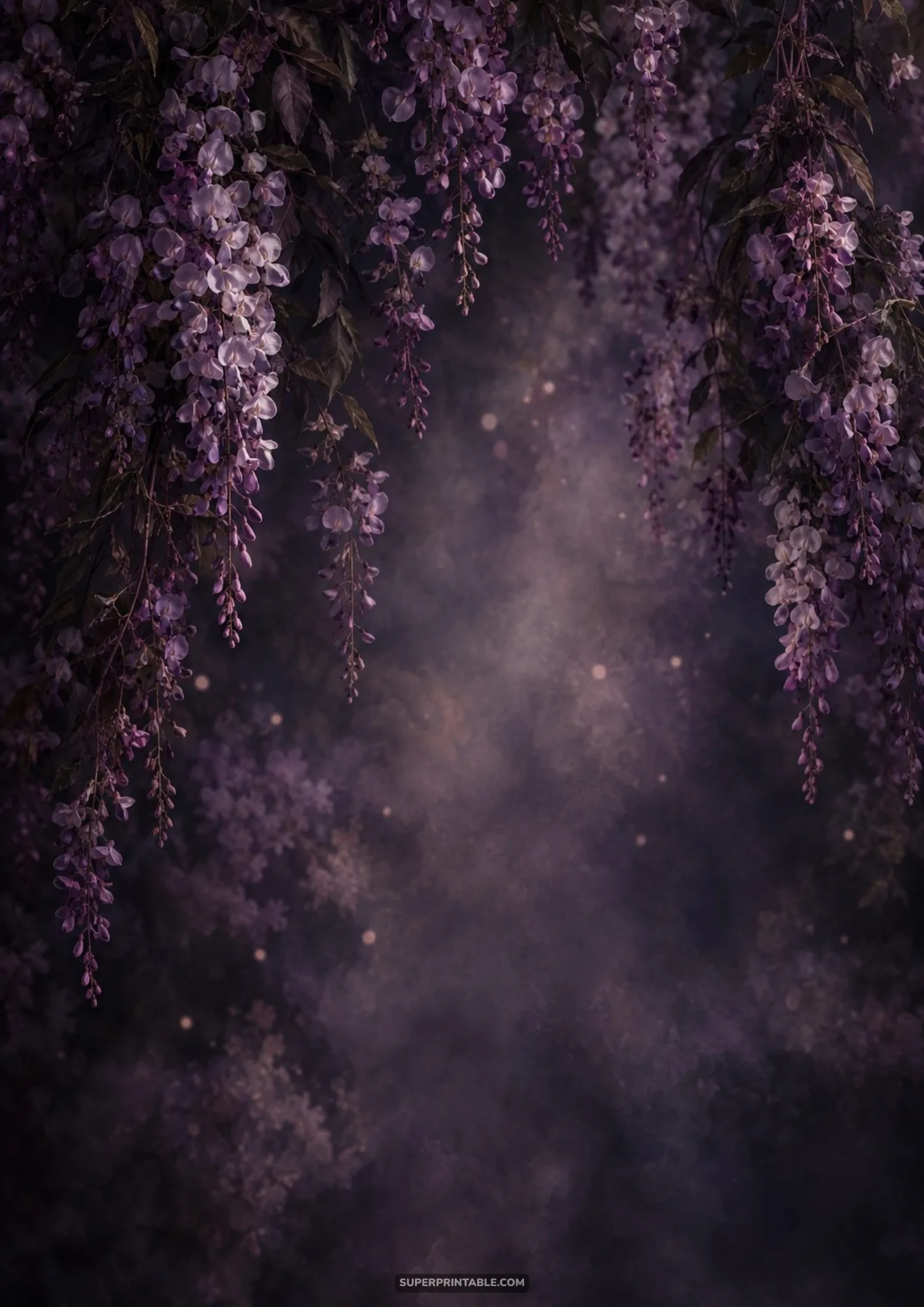 Trailing purple wisteria vines cascading over a dreamy smoky mauve and dark violet mist backdrop