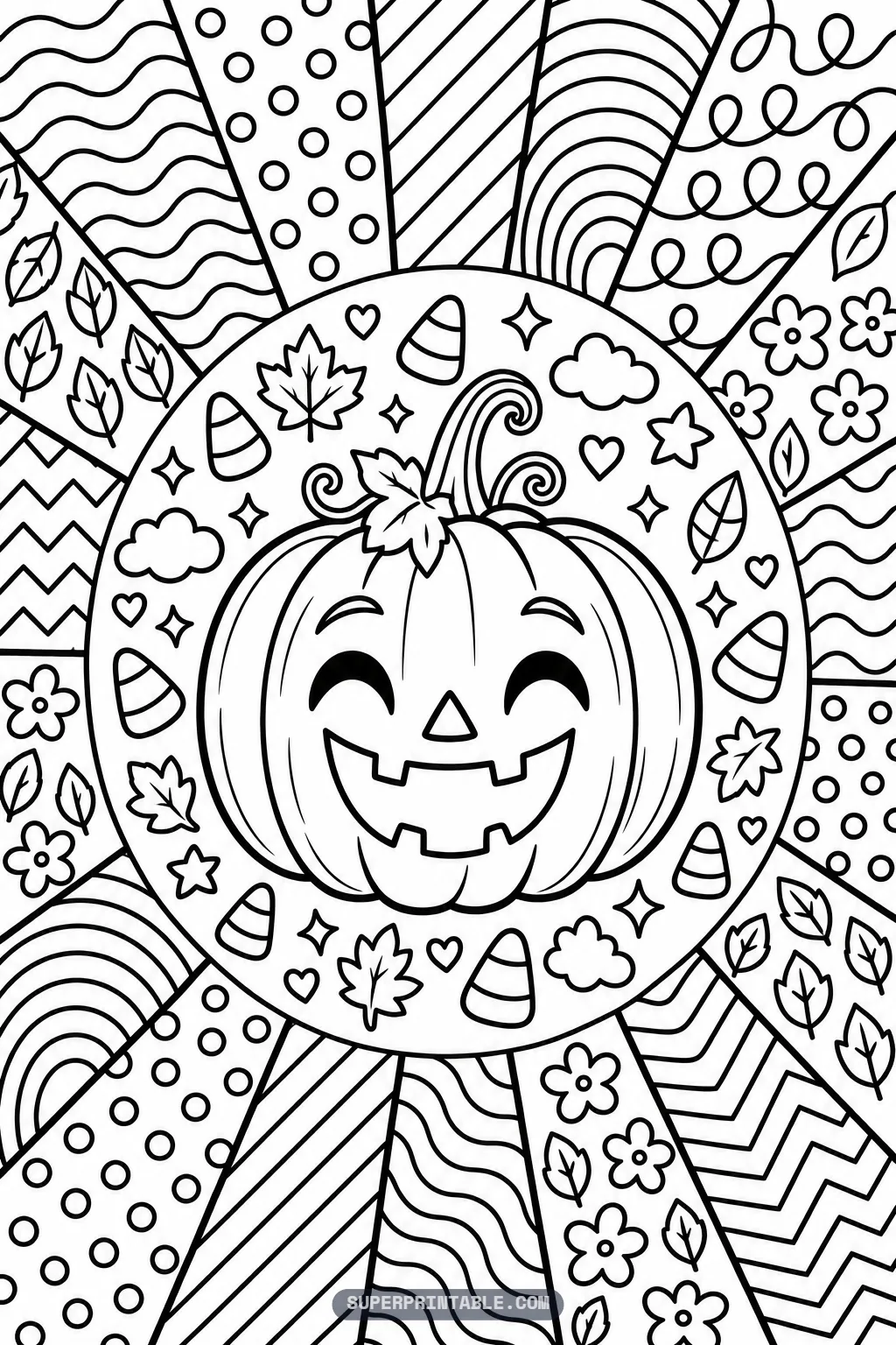 Halloween pop art coloring pages sheet featuring a cheerful jack-o-lantern pumpkin and candy corn rays