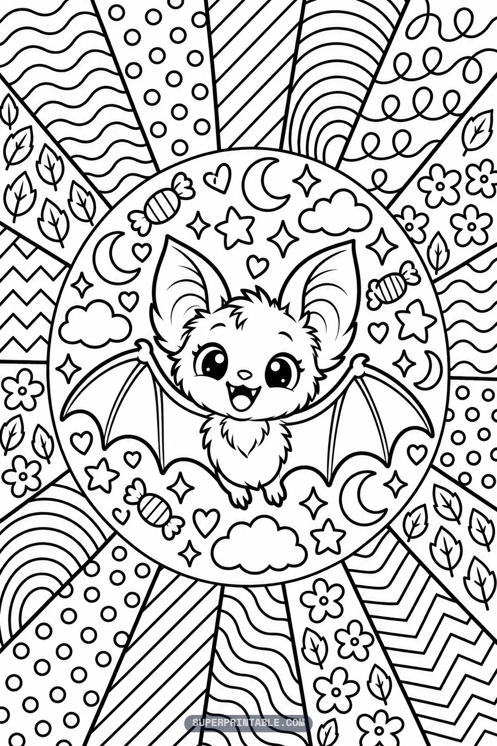 Adorable little bat with wide fluffy ears and open wings flying inside a detailed circular decorative motif