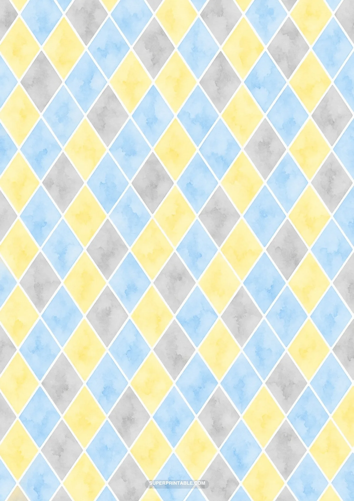 Harlequin diamond pattern painted in honey yellow, powder blue, and dove gray
