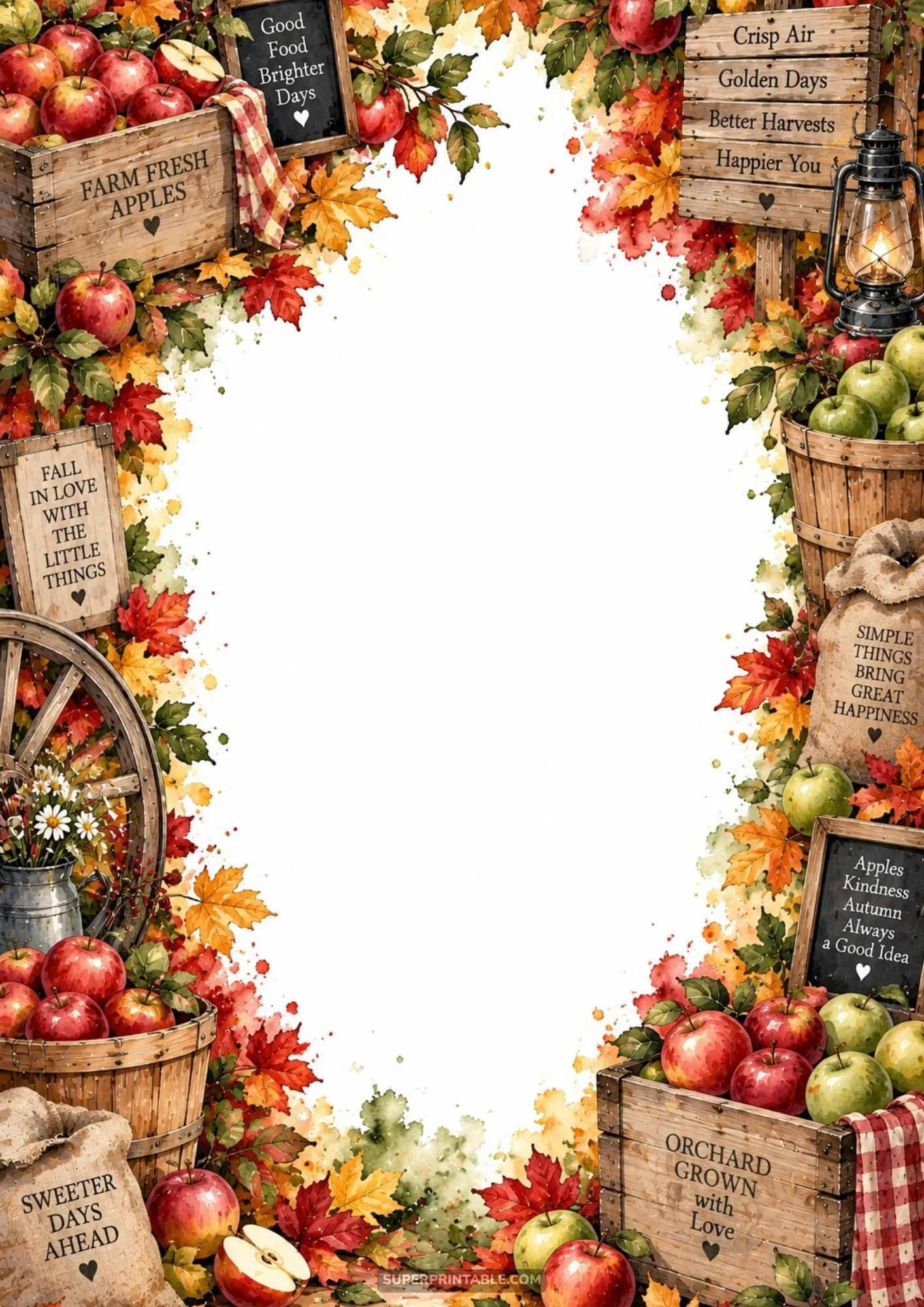 Autumn apple border pages with wooden crates of crisp apples, a wagon wheel, and glowing lantern