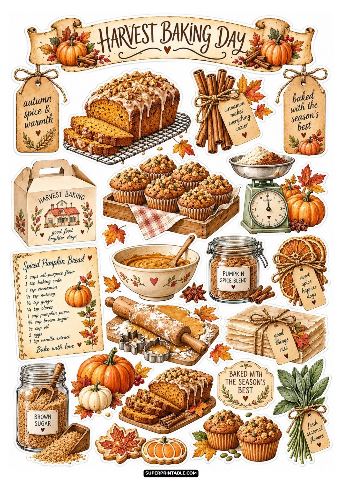 Autumn harvest baking sticker sheet with pumpkin bread loaves, spiced muffins, and dried orange slices.