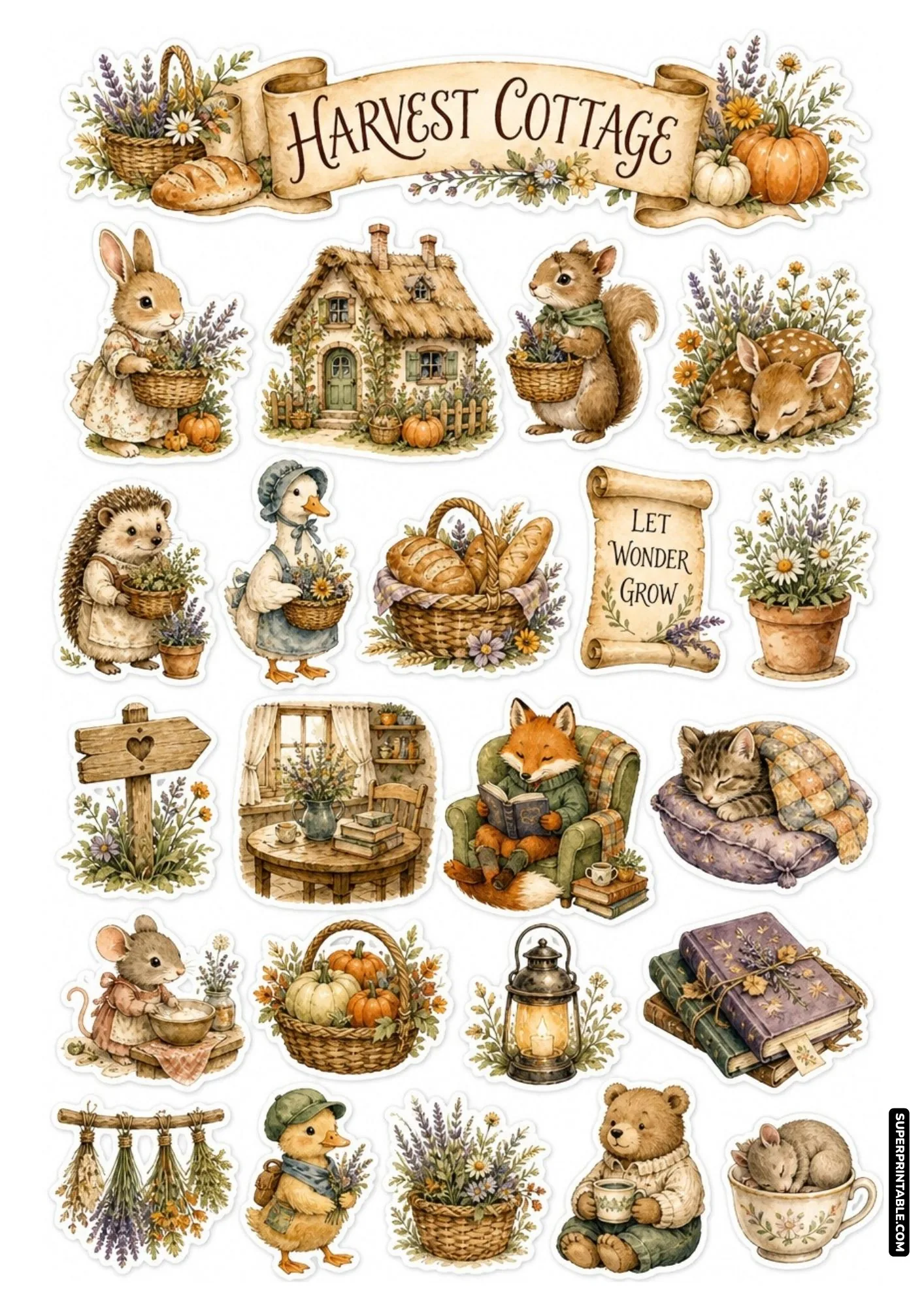 Harvest cottage watercolor sticker sheet with sleeping kitten, fox, and rustic autumn harvest baskets.