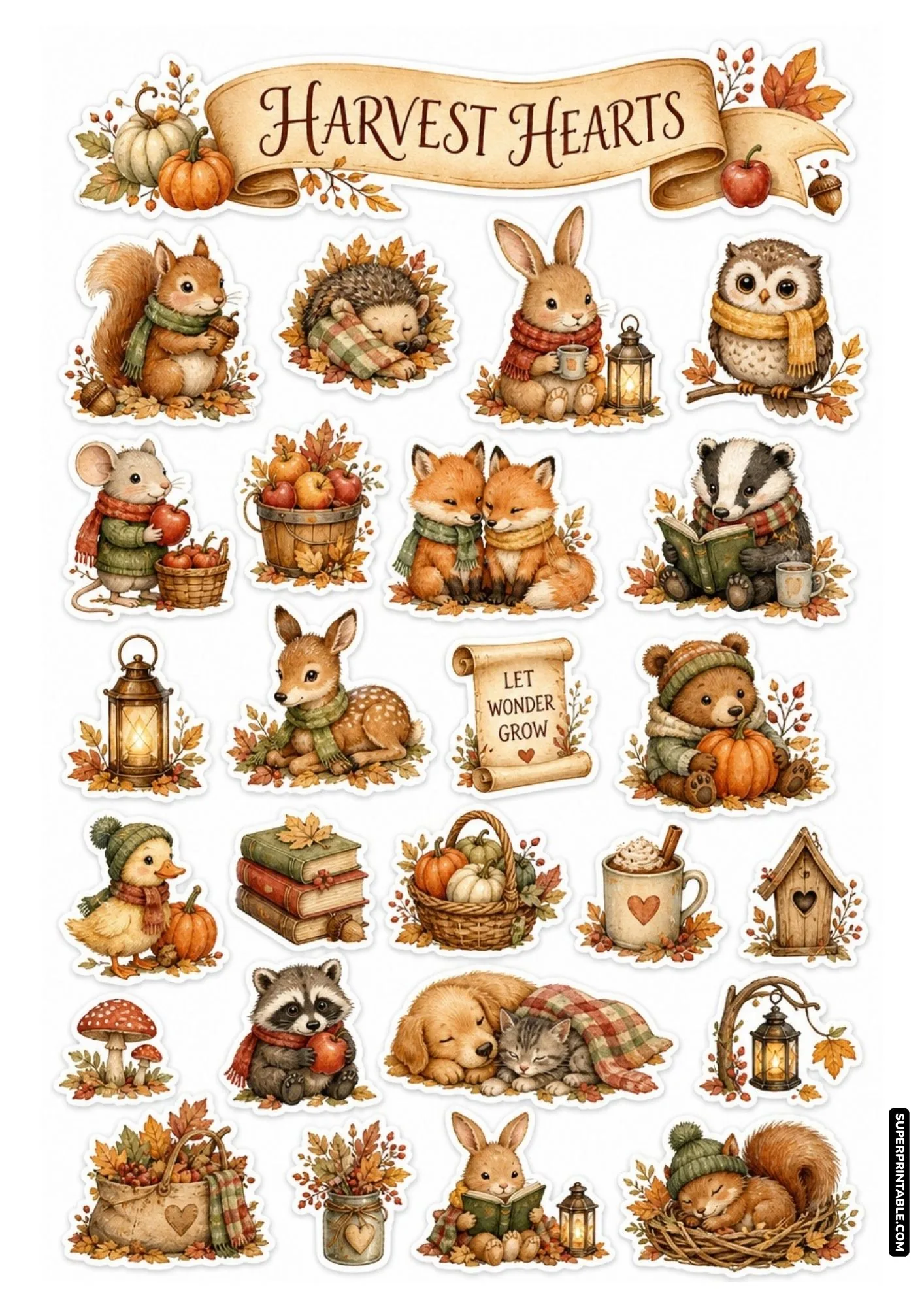 Harvest Hearts sticker sheet with woodland animal pairs, cozy blankets, and warm cider mugs.