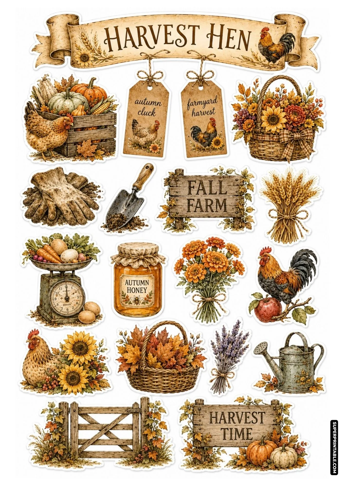 Autumn harvest hen sticker sheet with pumpkins, fall floral basket, honey jar, and rustic farm signs.