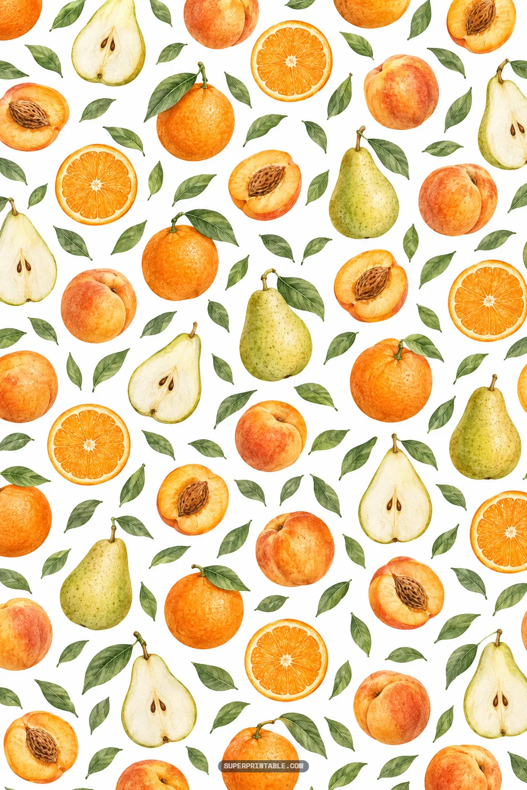 Lush autumn harvest fruit digital paper pattern with watercolor peaches pears oranges and green leaves