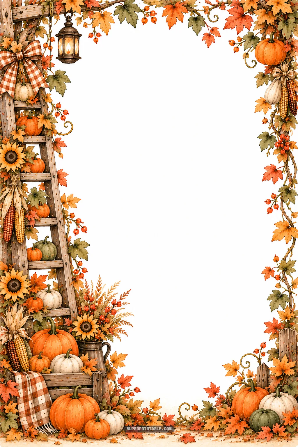 Watercolor autumn frame showing a rustic ladder decorated with pumpkins, dried corn, and plaid bow.