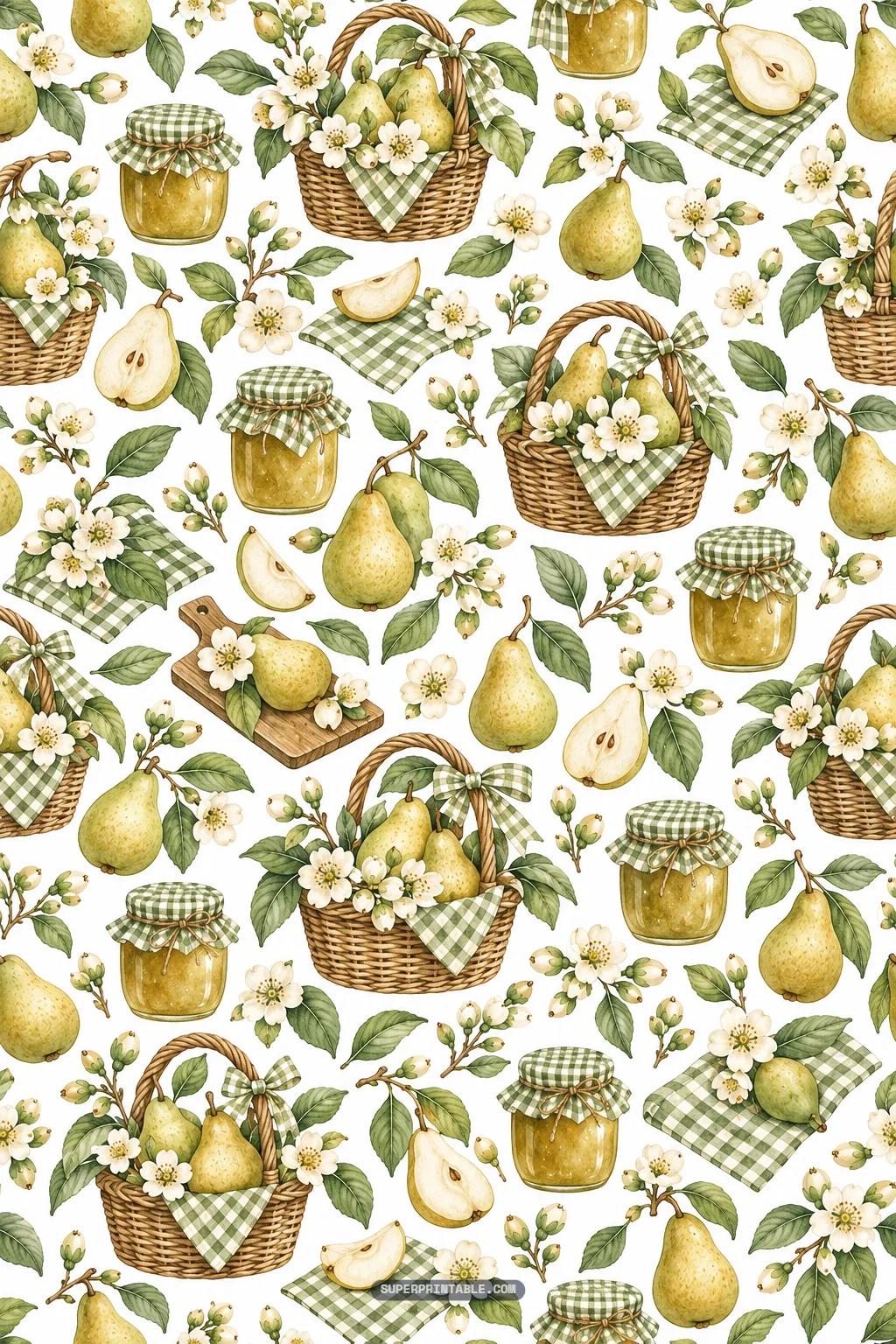 Woven harvest baskets of pears, homemade fruit jam jars with gingham cloth, and pear blossom sprigs.