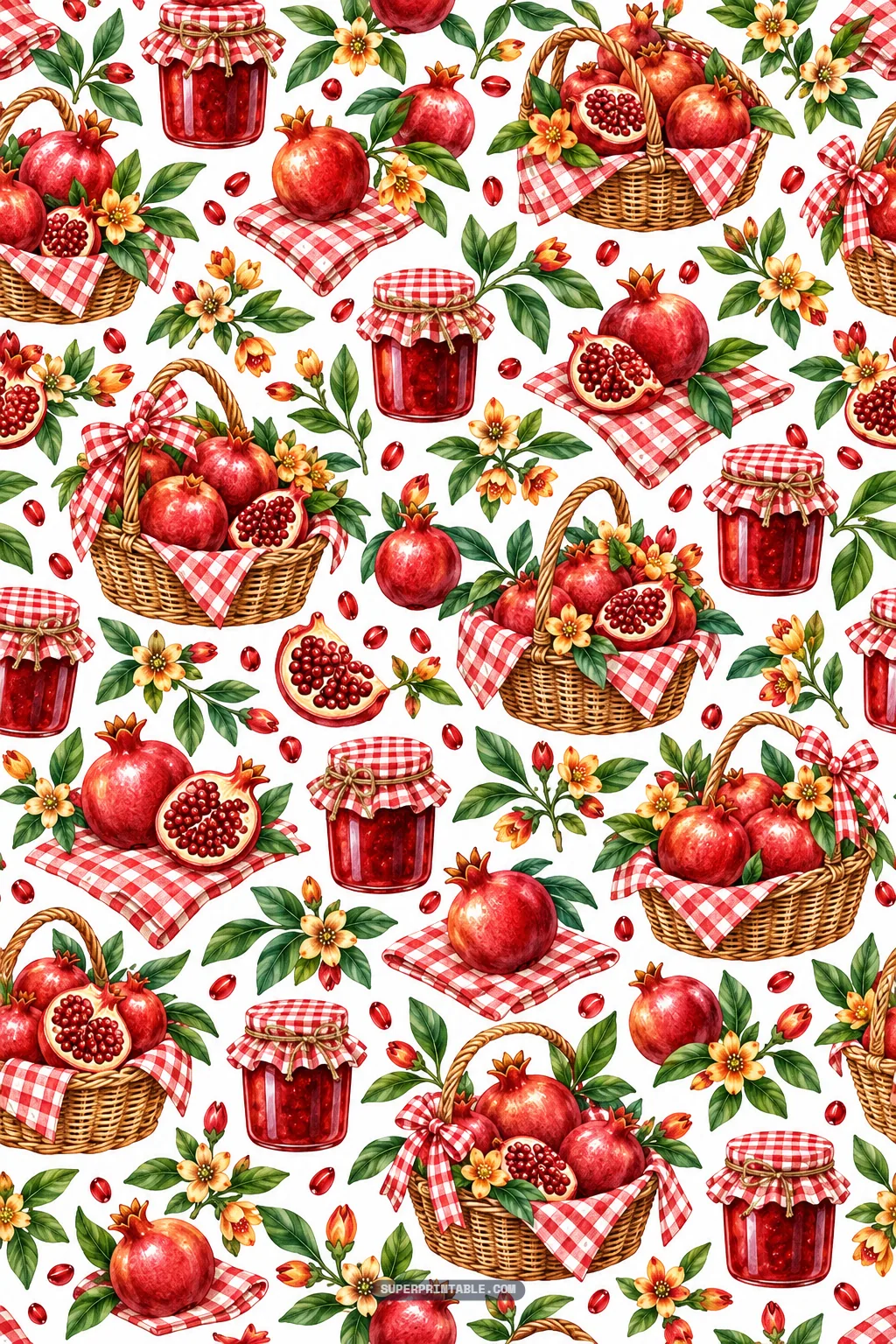 Country harvest pattern with wicker picnic baskets, jam jars, and ripe pomegranates
