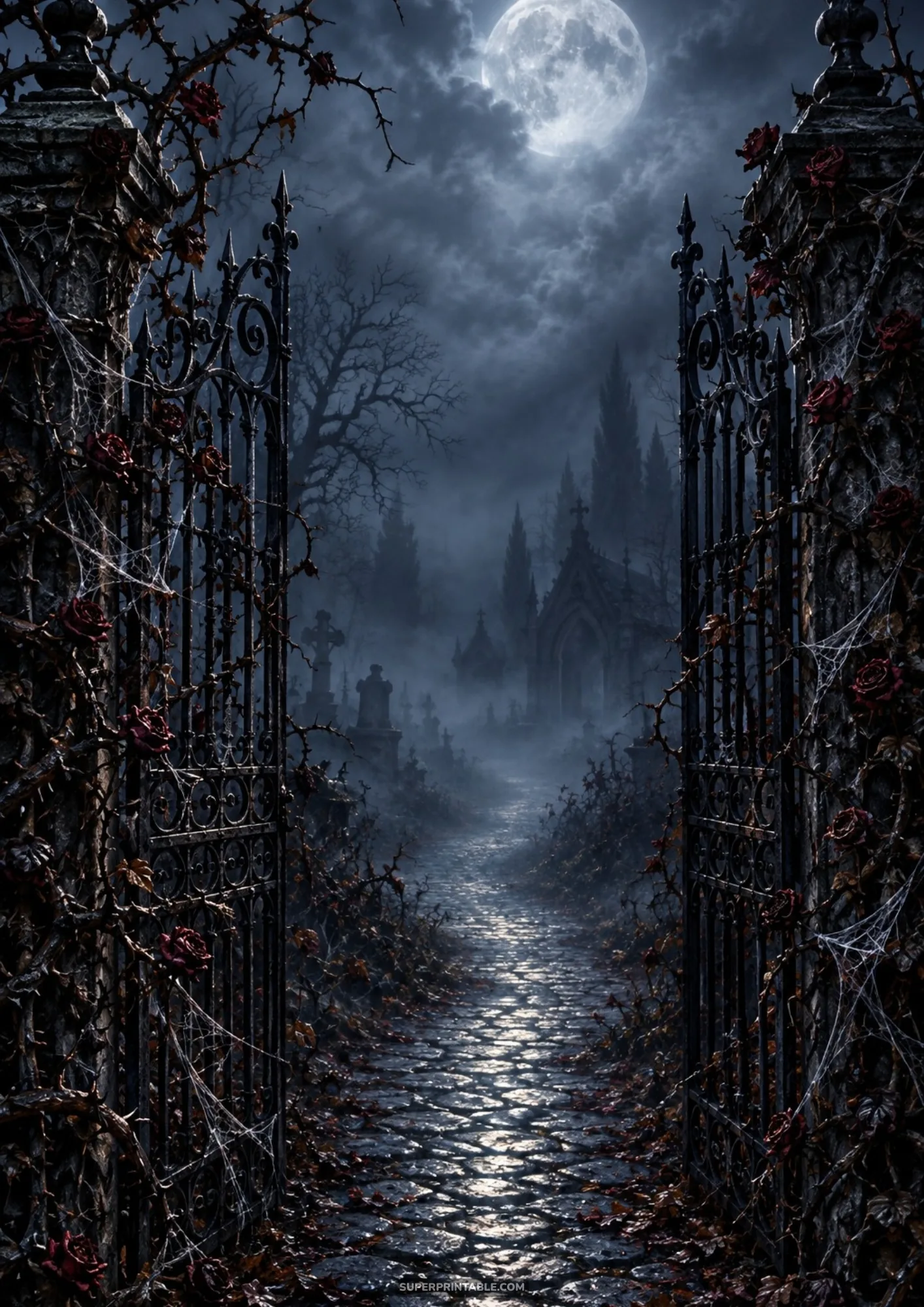 Spooky gothic digital backgrounds showing open wrought iron cemetery gates leading into a foggy graveyard under moonlight