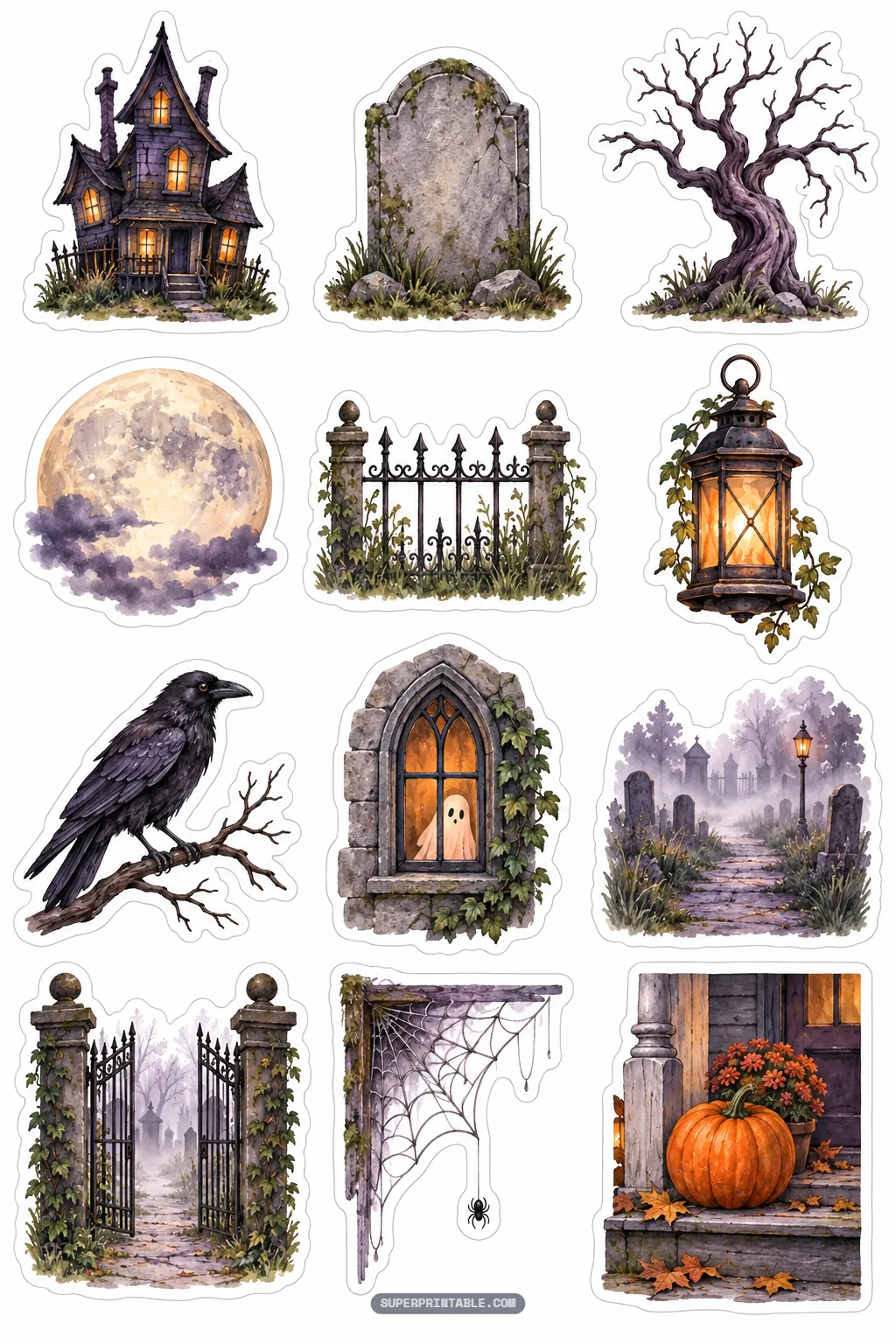 Gothic haunted house and cemetery stickers including weathered tombstones, ravens, cobwebs, and misty graveyard paths