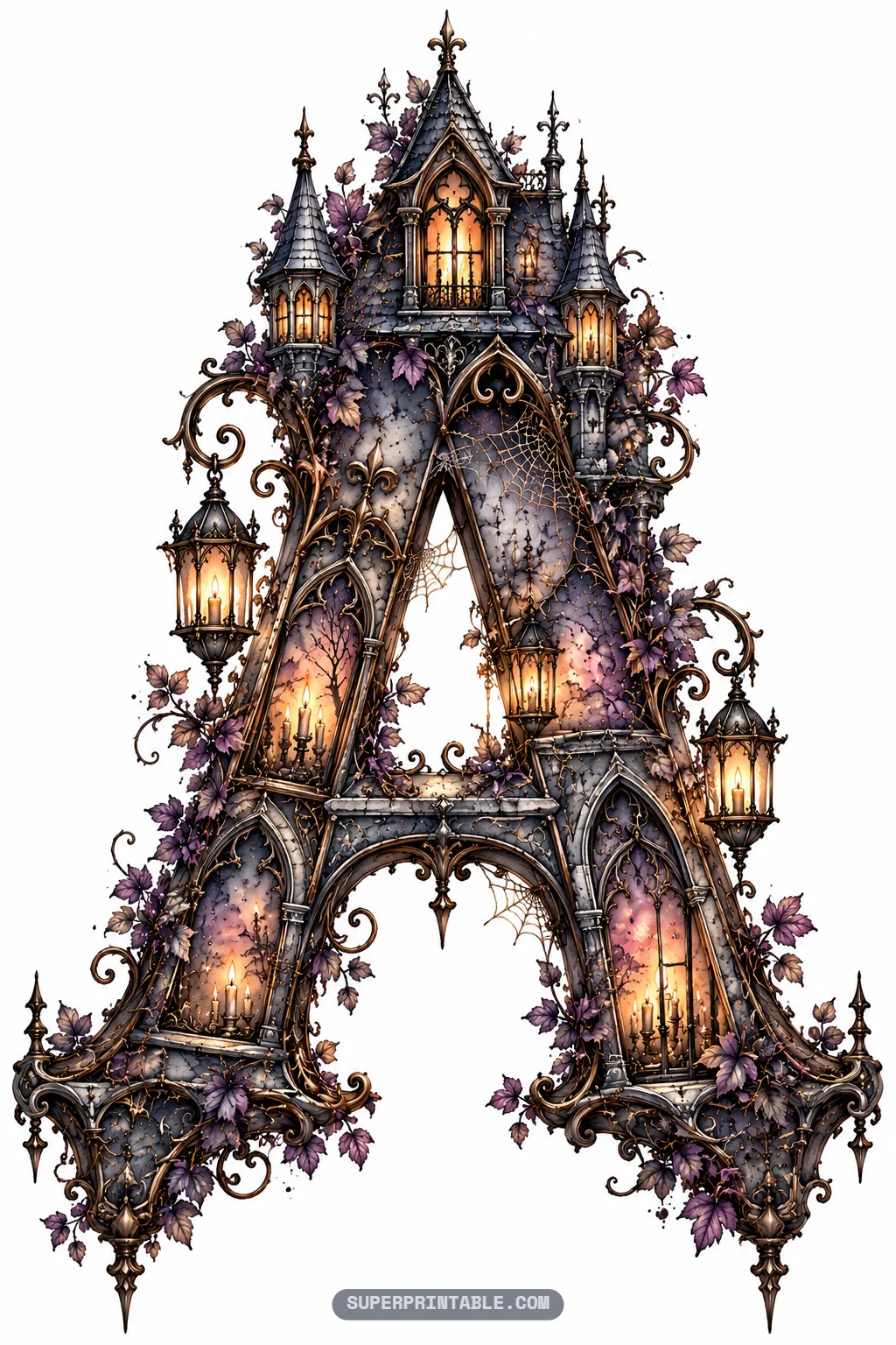 Gothic letter A designed with haunted Victorian manor alphabet architecture, lanterns, and ivy