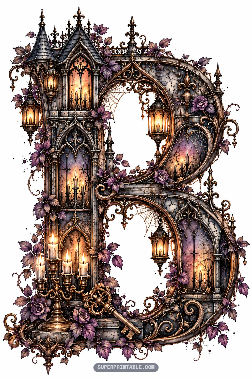 Antique letter B adorned with haunted Victorian manor alphabet stonework, candelabra, and key