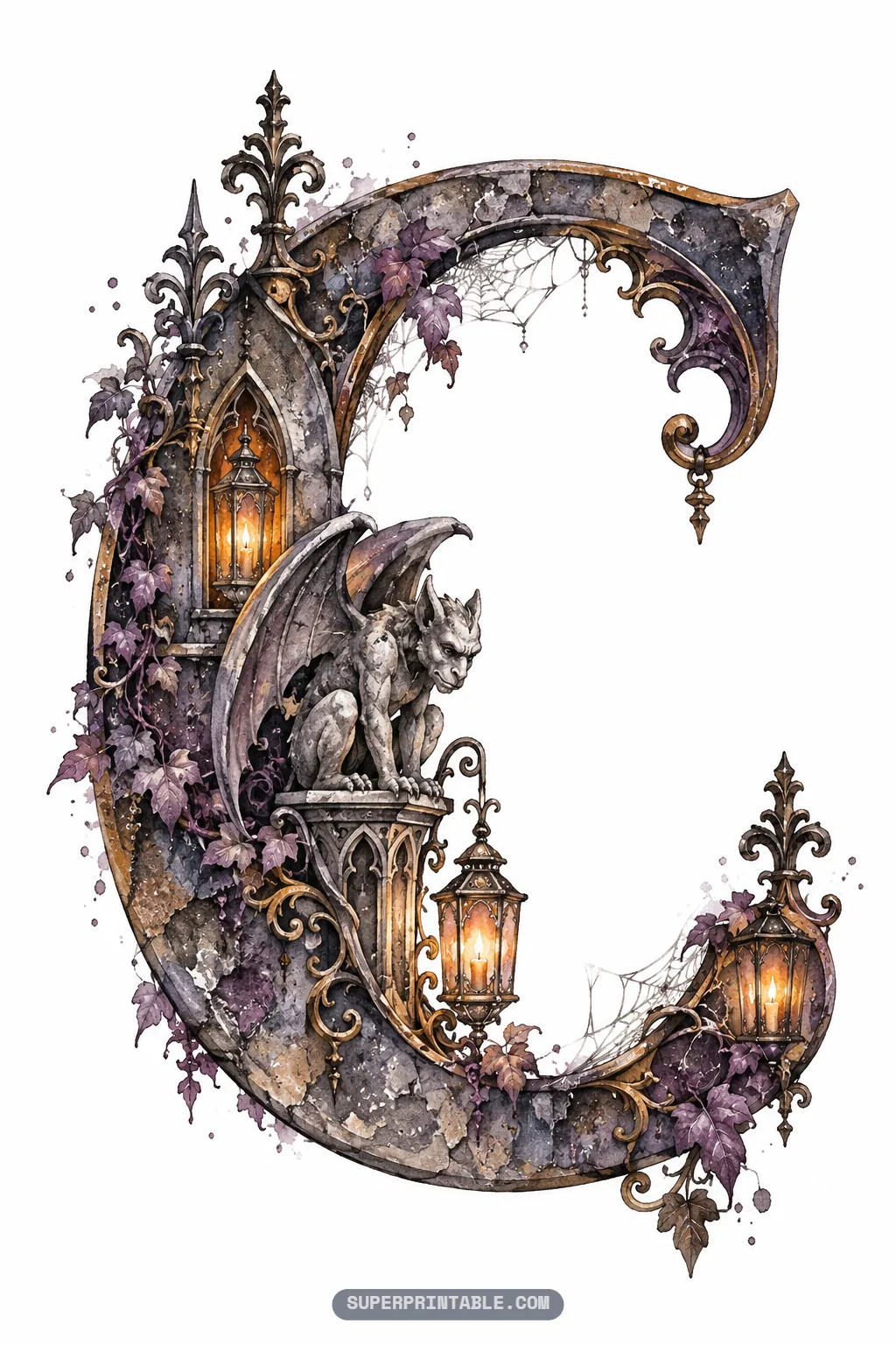 Weathered stone letter C featuring a winged gargoyle, glowing lantern, and purple ivy