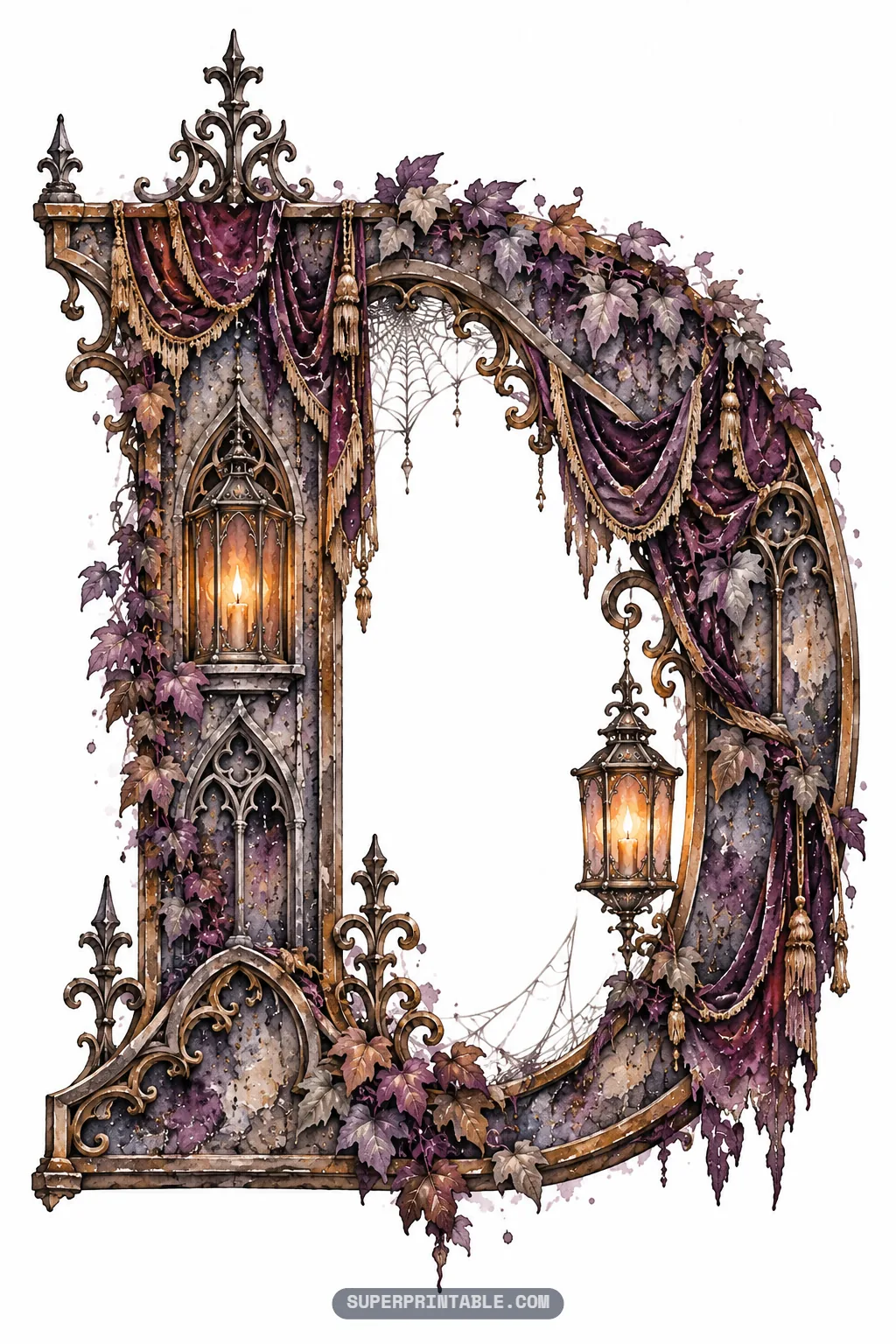 Gothic letter D decorated with luxurious burgundy velvet drapes, warm lanterns, and ivy
