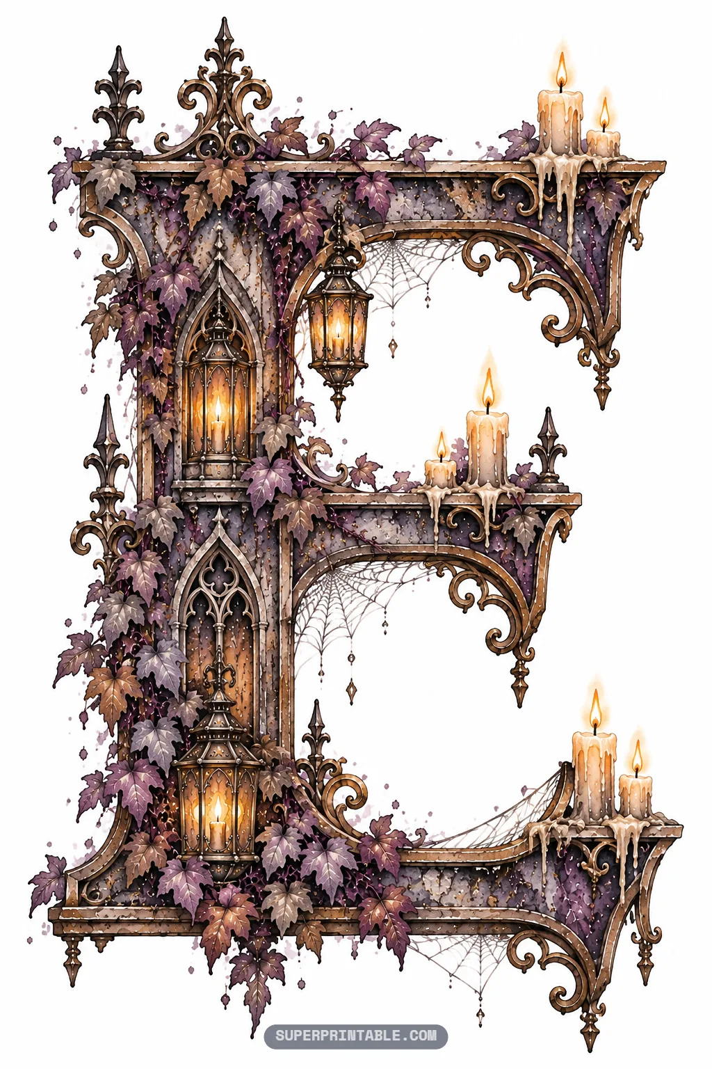 Capital letter E styled with melting pillar candles, gothic windows, and glowing lanterns
