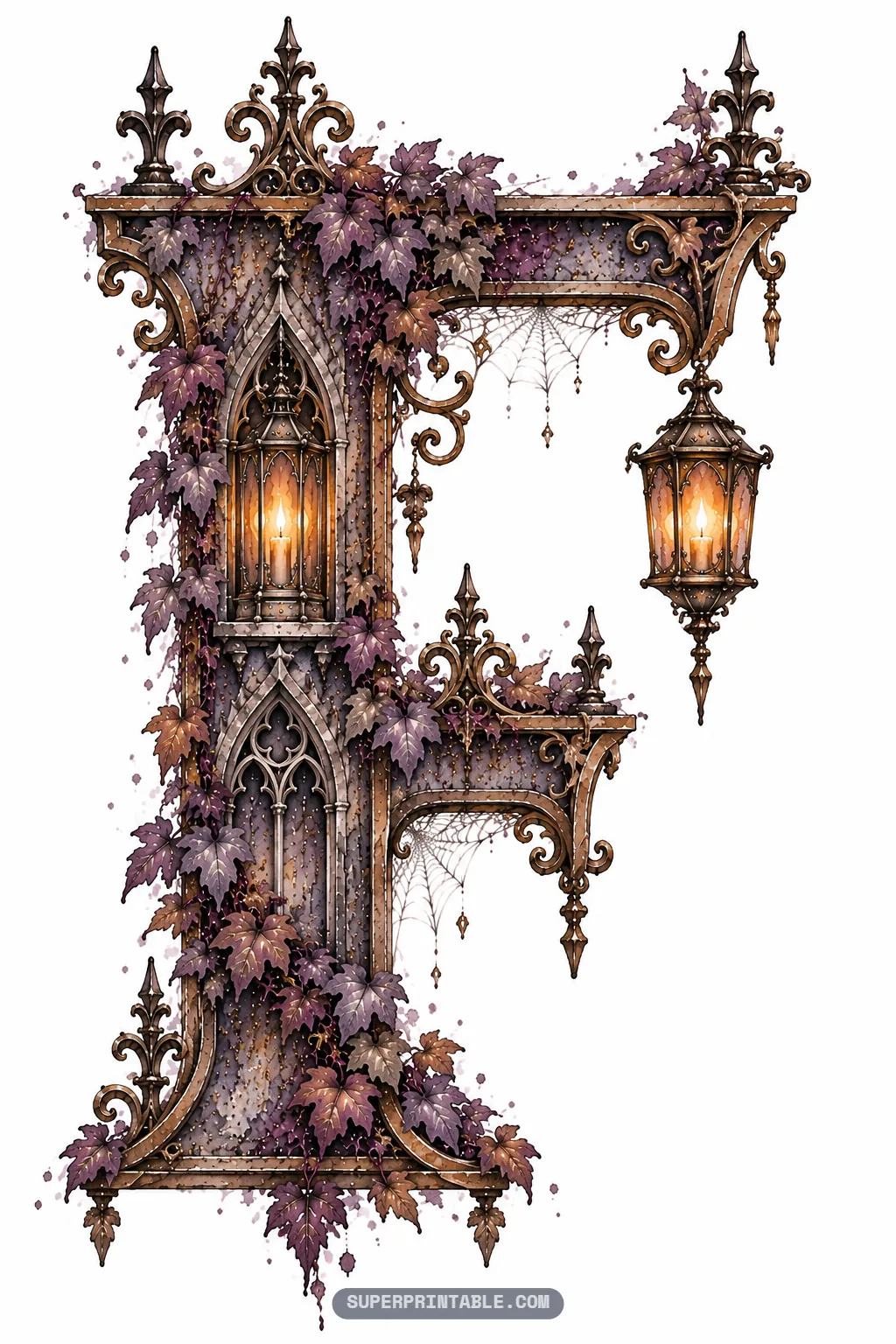 Ornate gothic letter F featuring dangling iron lanterns, lancet arches, and autumn ivy