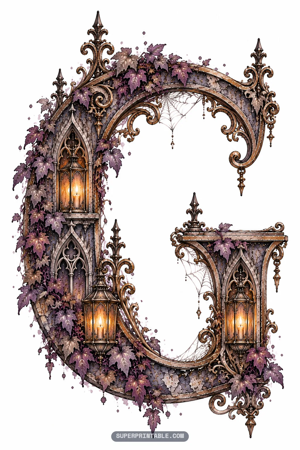 Gothic stone letter G illuminated by warm lantern niches and adorned with spiderwebs