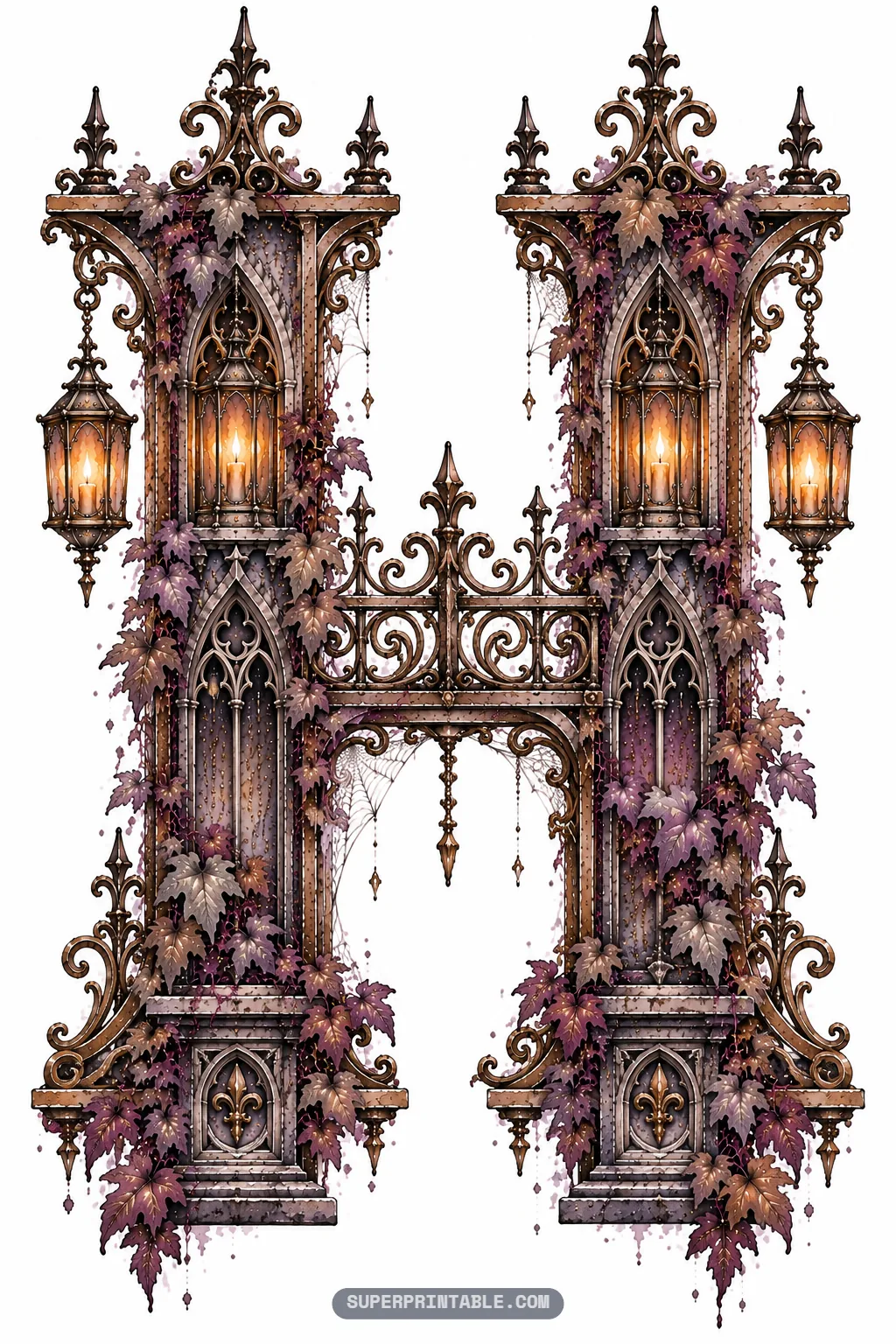 Grand gothic letter H designed as twin manor towers joined by an ornate wrought-iron gate