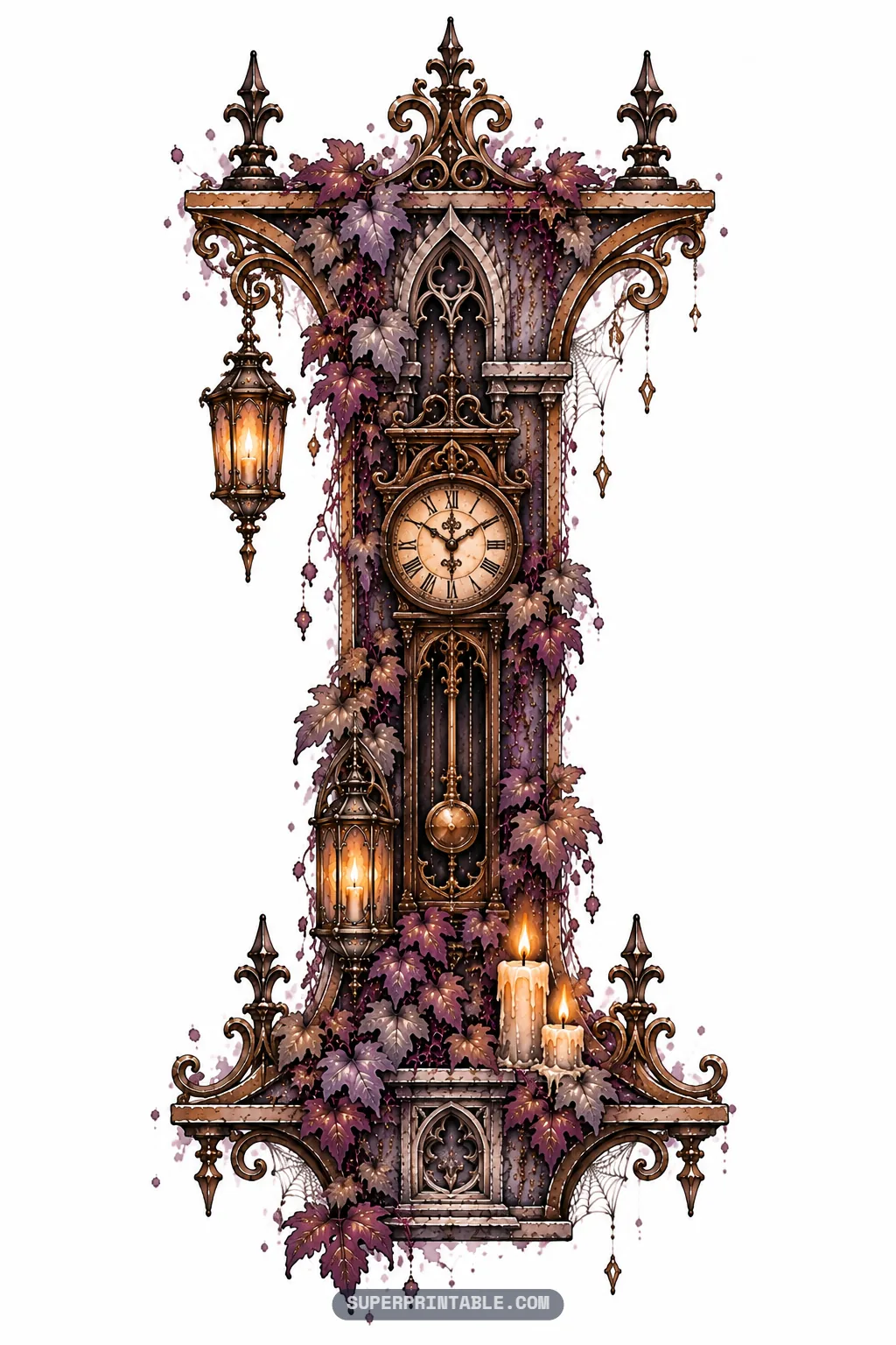 Architectural letter I featuring an antique grandfather clock, pendulum, and lit candles
