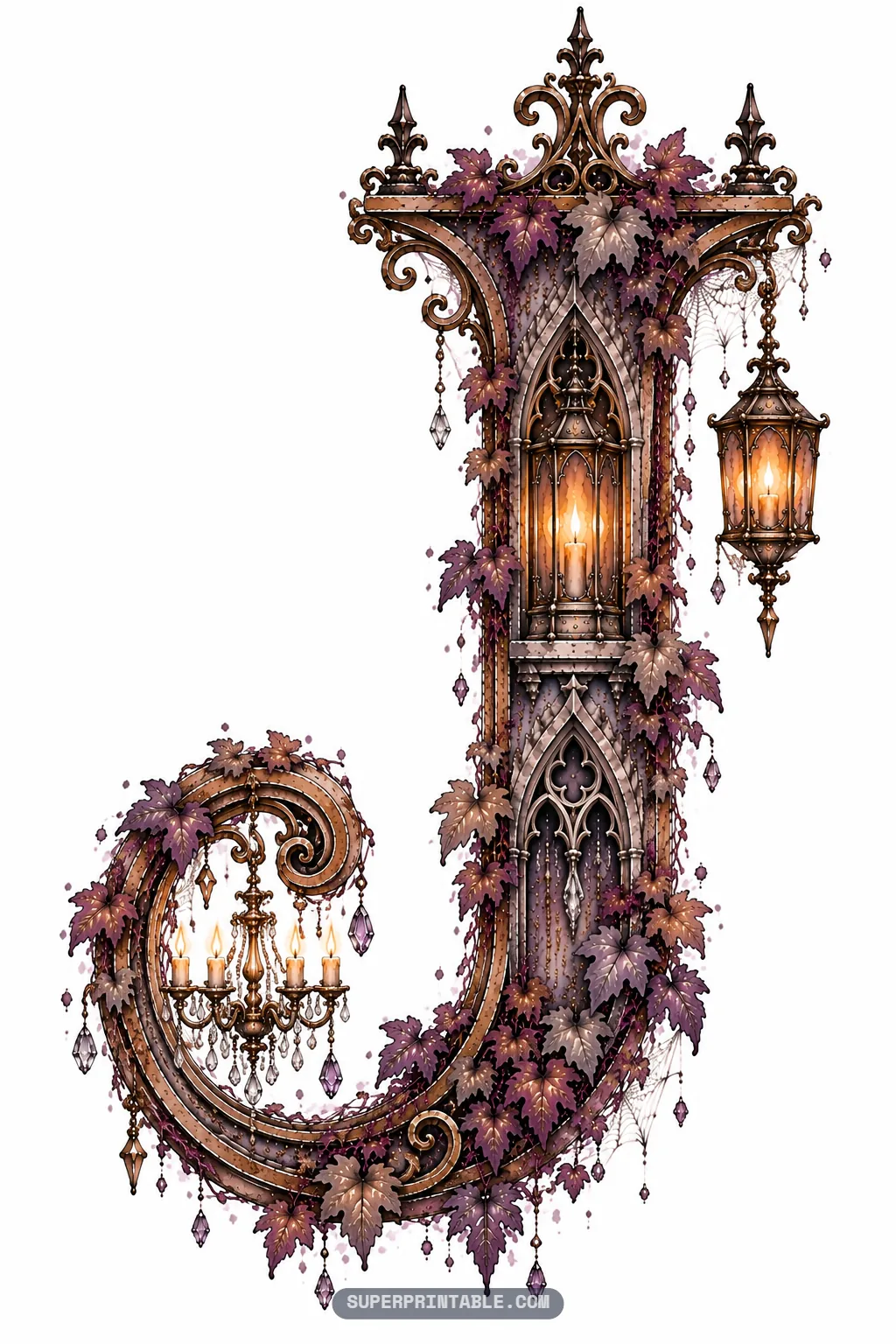 Curved letter J showcasing an elegant crystal chandelier, hanging lanterns, and purple leaves