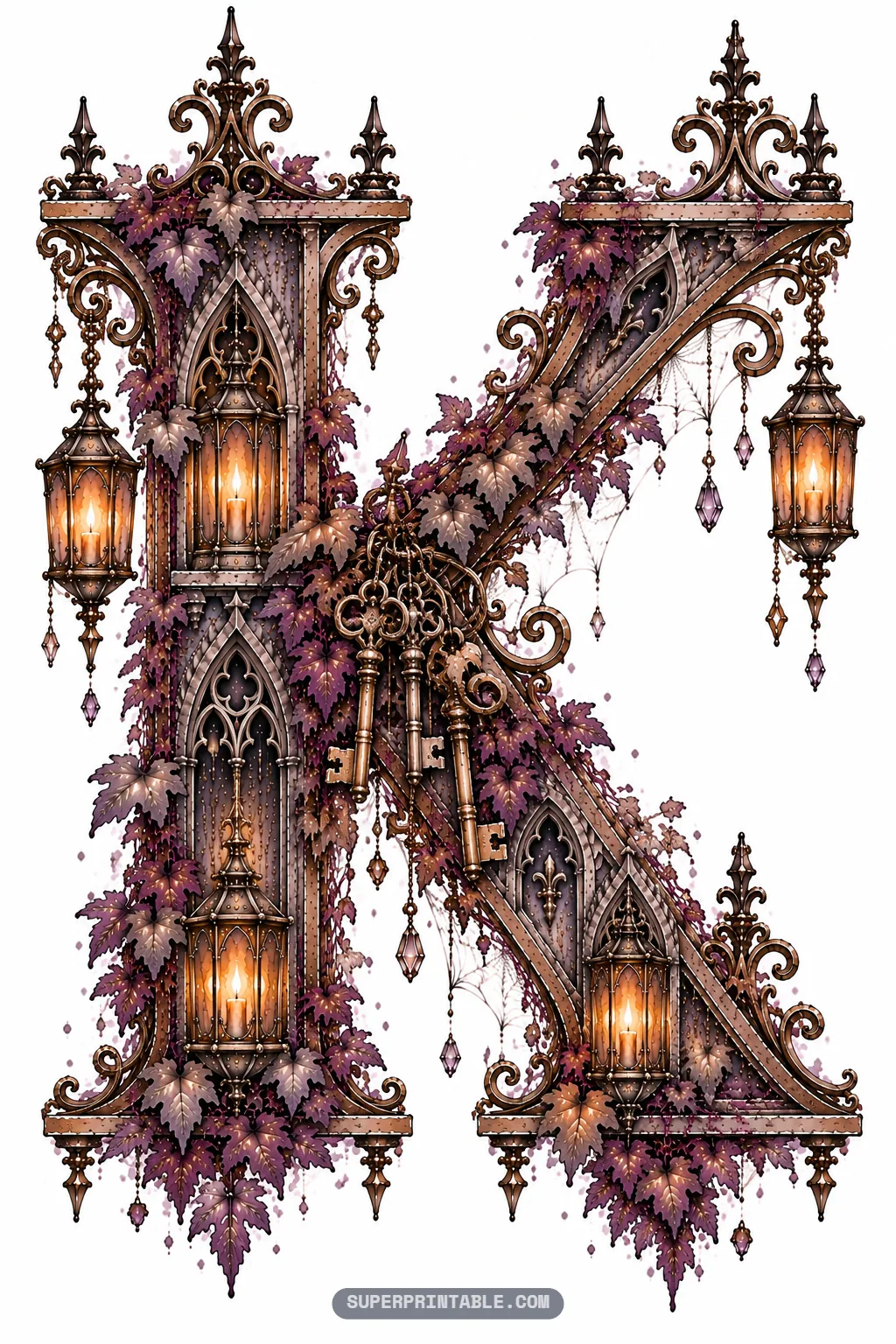 Ornate gothic letter K decorated with a ring of vintage keys, glowing lanterns, and crystals