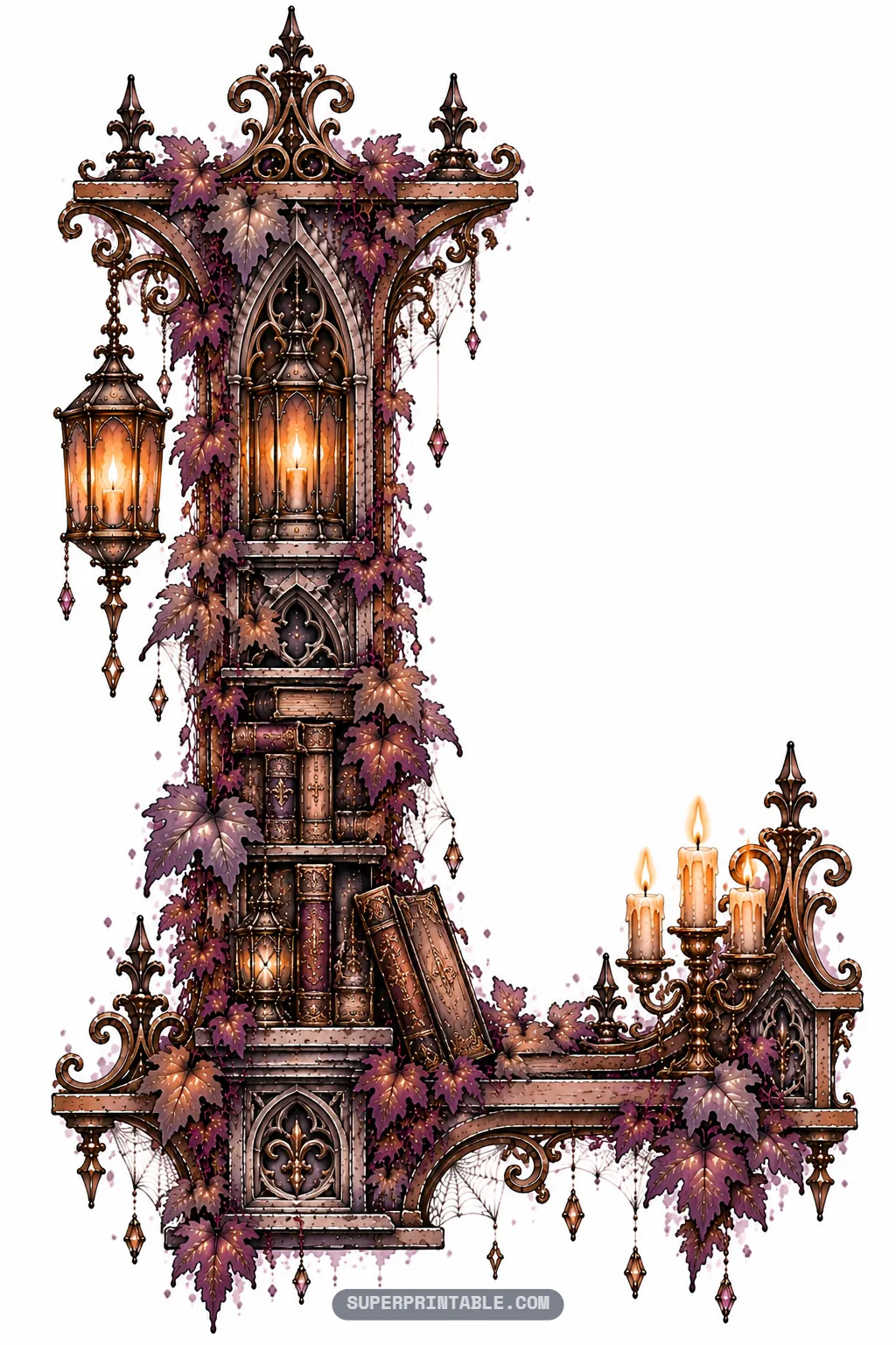 Gothic letter L featuring library bookshelves stacked with antique volumes and a candelabra