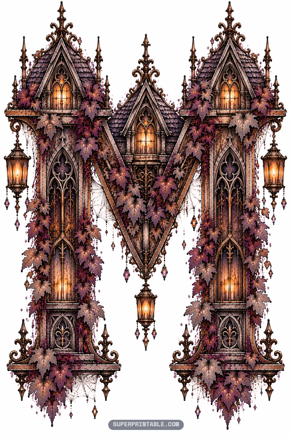 Majestic letter M modeled with triple gabled manor roofs, dormer windows, and glowing lanterns