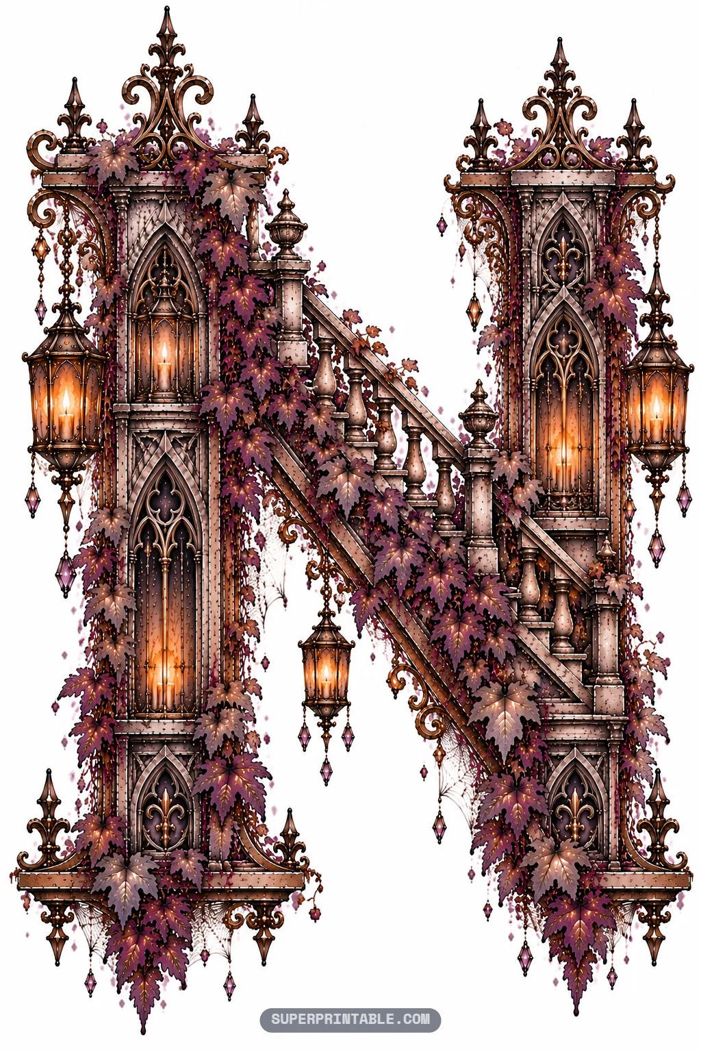 Architectural letter N featuring an elegant stone staircase ascending between manor pillars