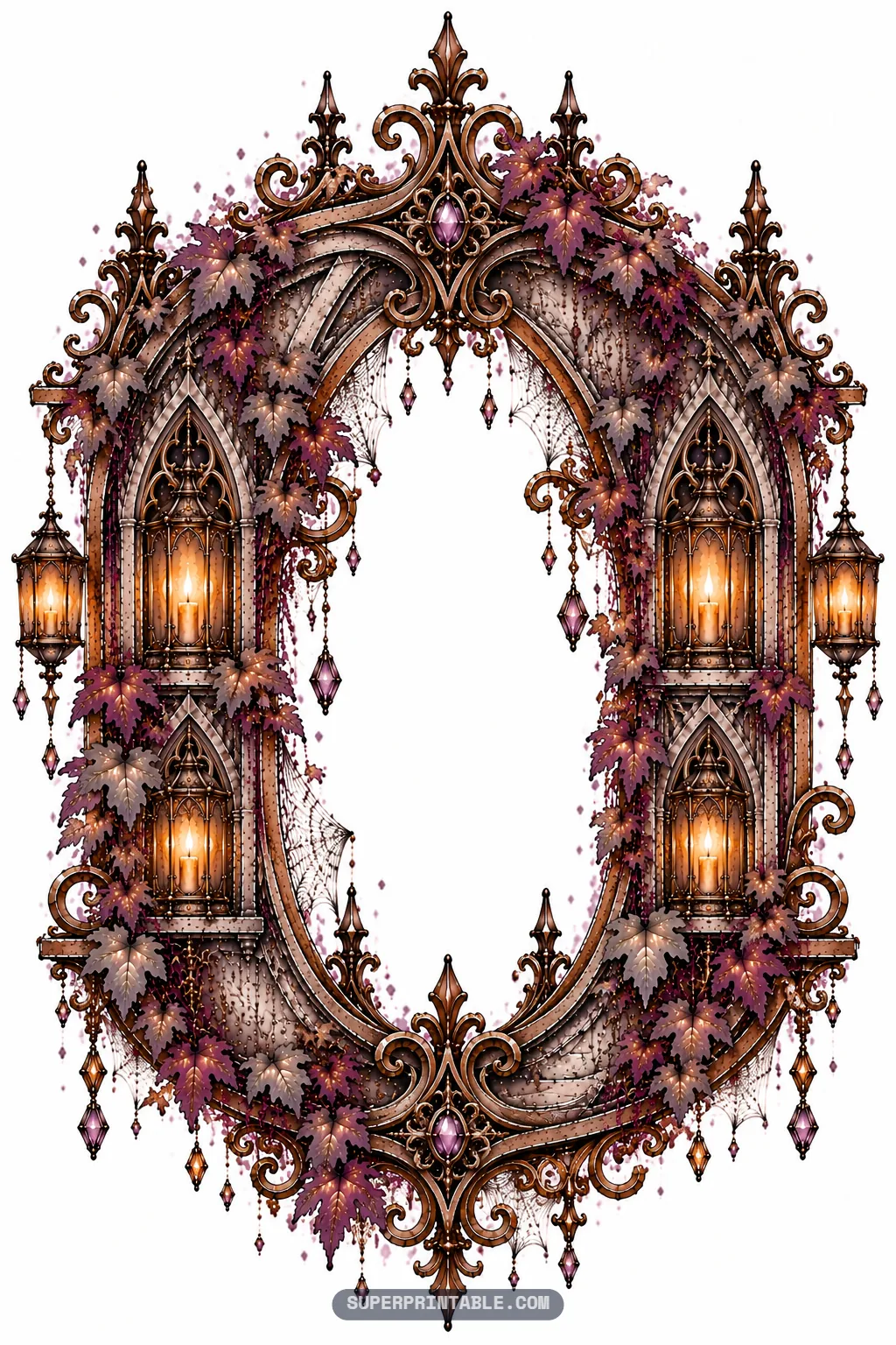 Ornate oval letter O shaped like an antique gothic mirror framed with glowing lanterns