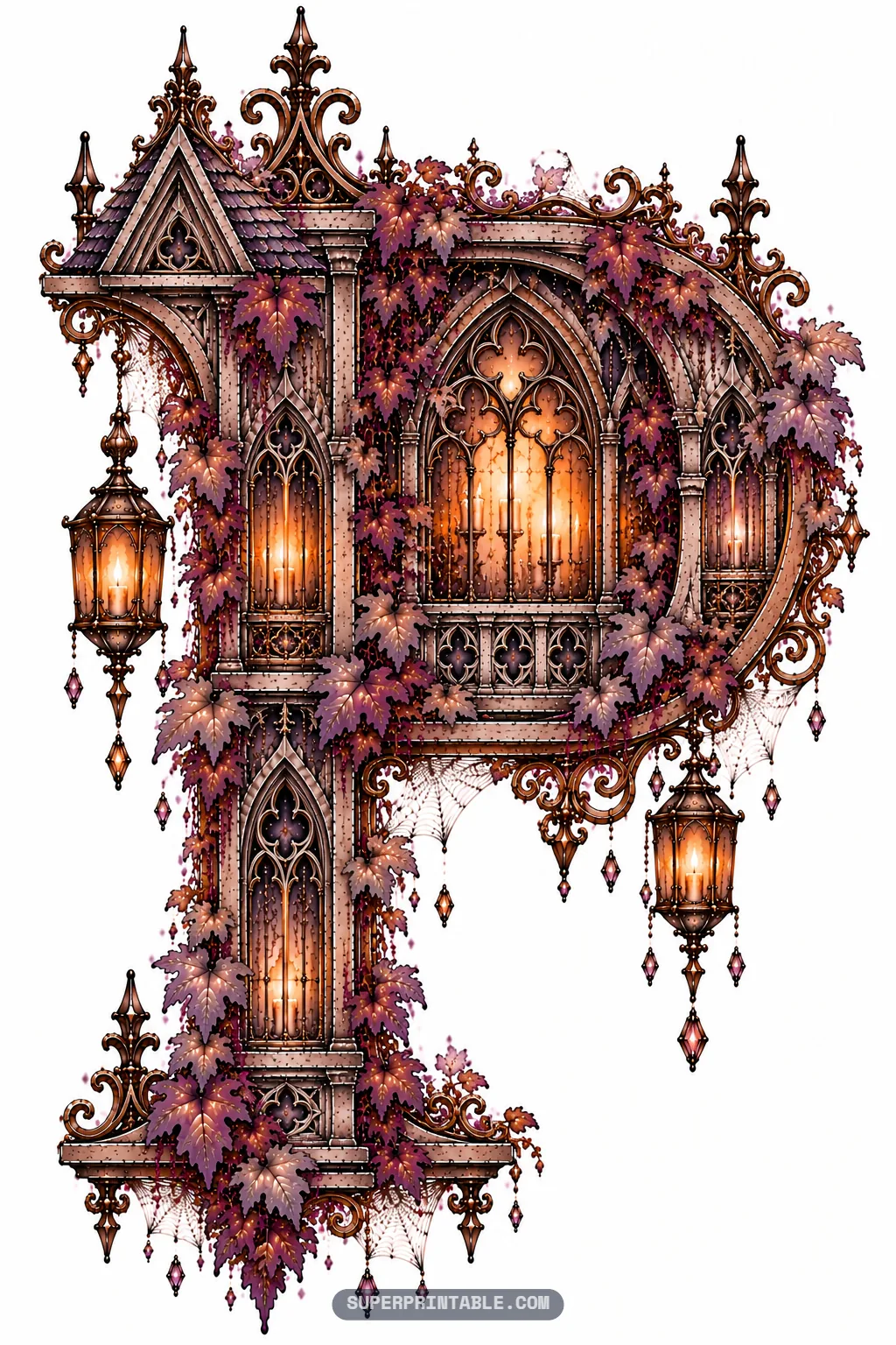 Gothic capital letter P designed with a rooftop balcony, glowing windows, and lanterns