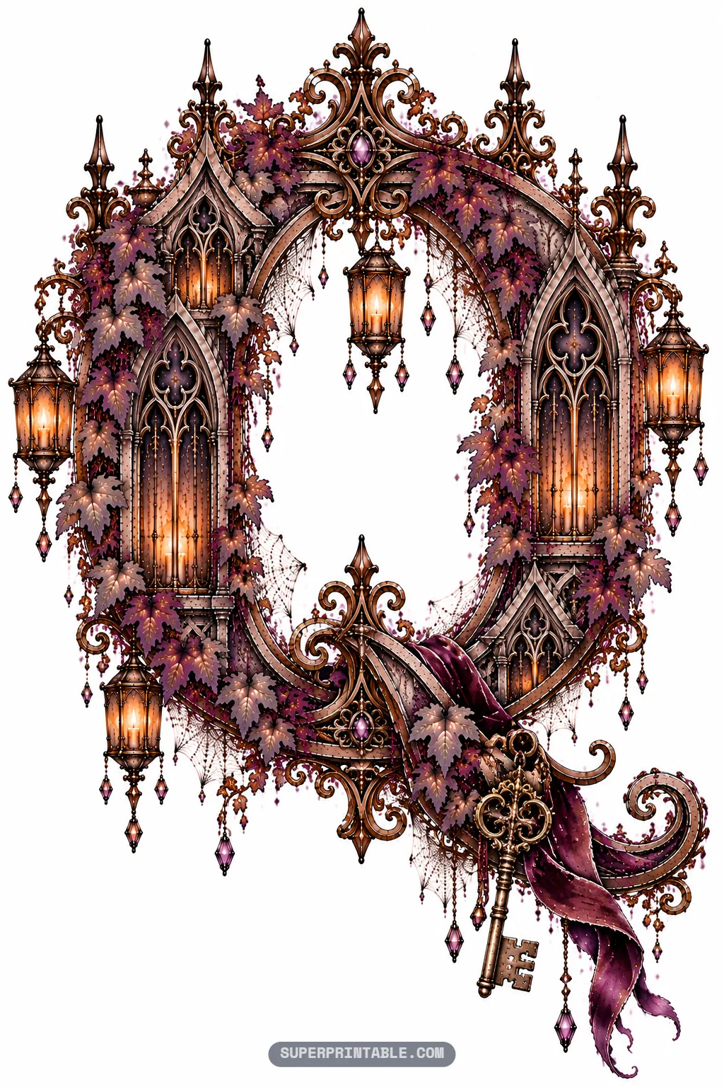 Elaborate letter Q accented with velvet ribbon, an antique brass key, and lantern sconces