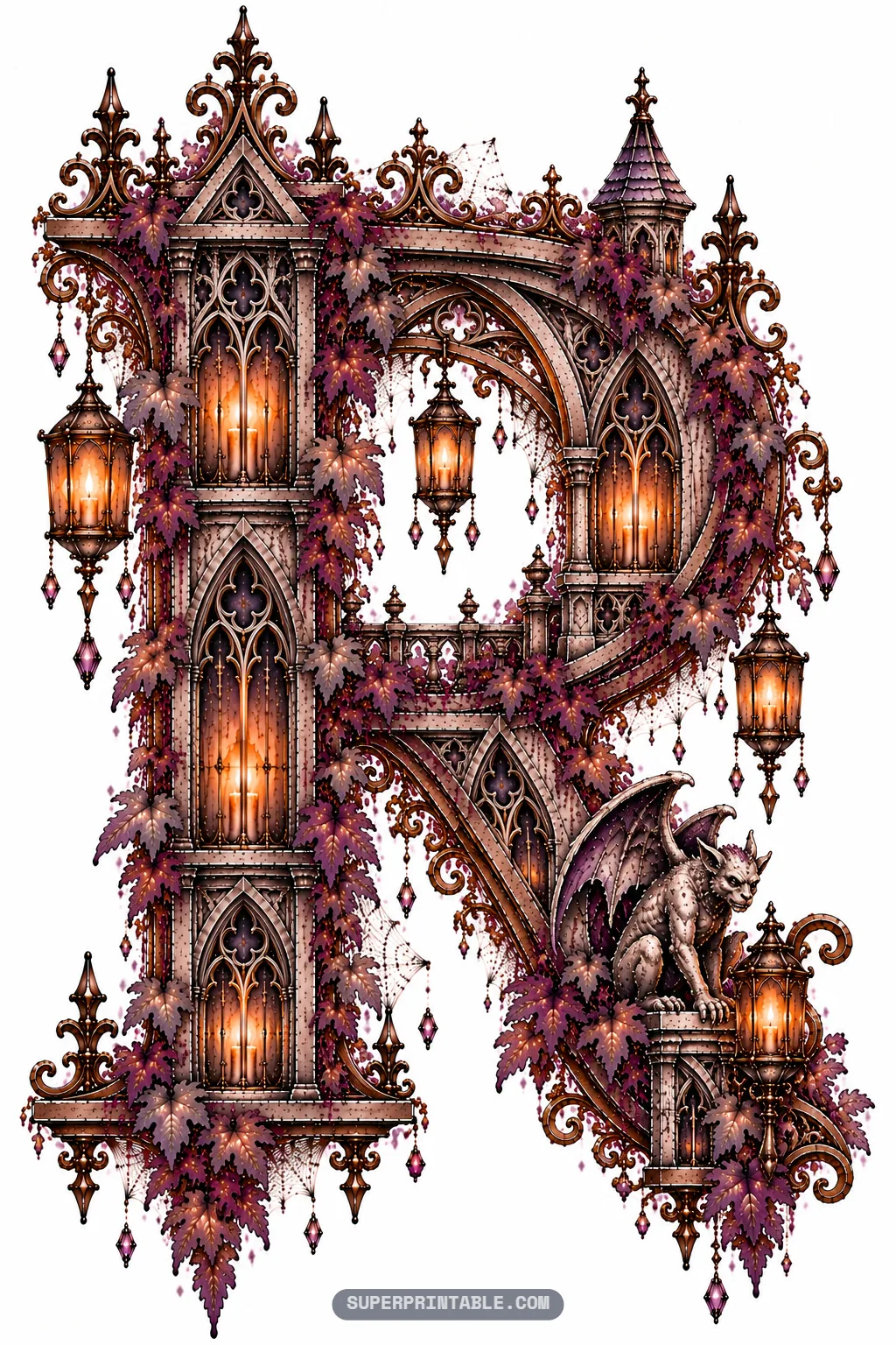 Stately letter R crowned with manor spires and guarded by a carved stone gargoyle