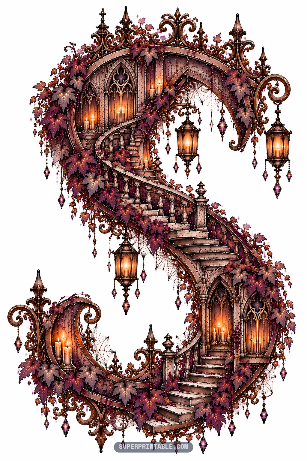 Curving letter S styled as a spiraling gothic grand staircase with glowing lanterns