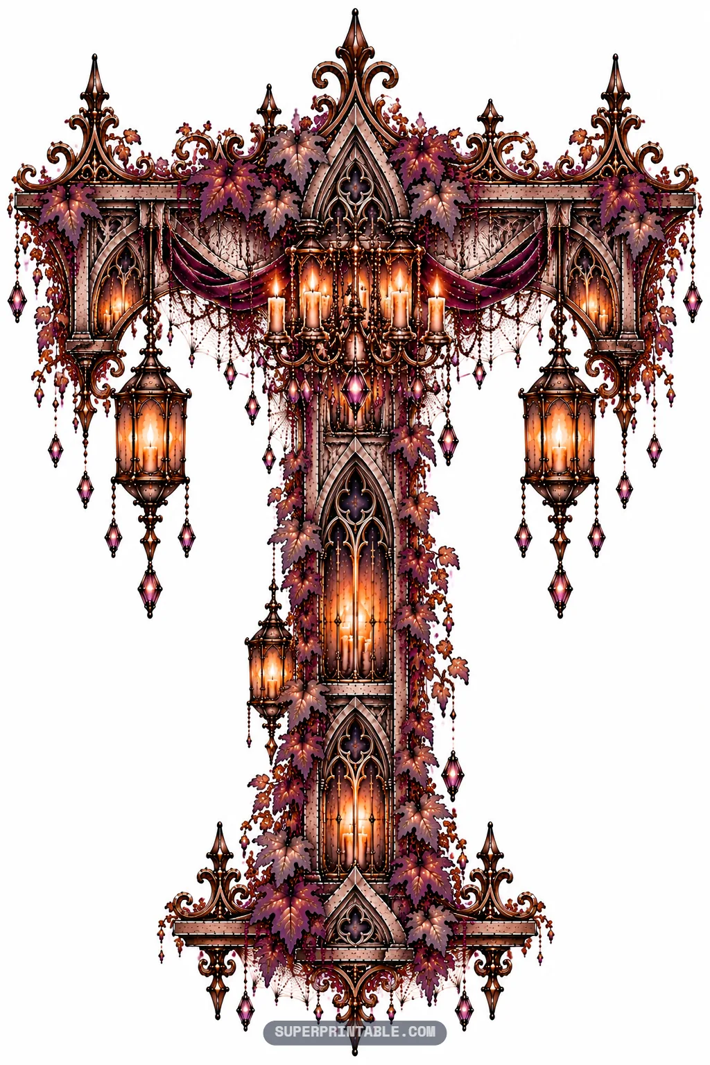 Symmetrical letter T featuring an ornate chandelier, burgundy swags, and glowing lanterns