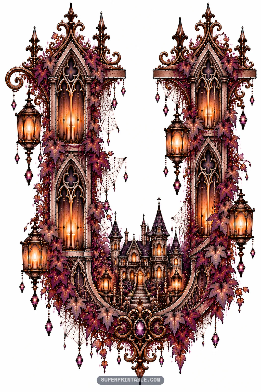 Gothic letter U cradling a detailed miniature haunted Victorian manor within its base