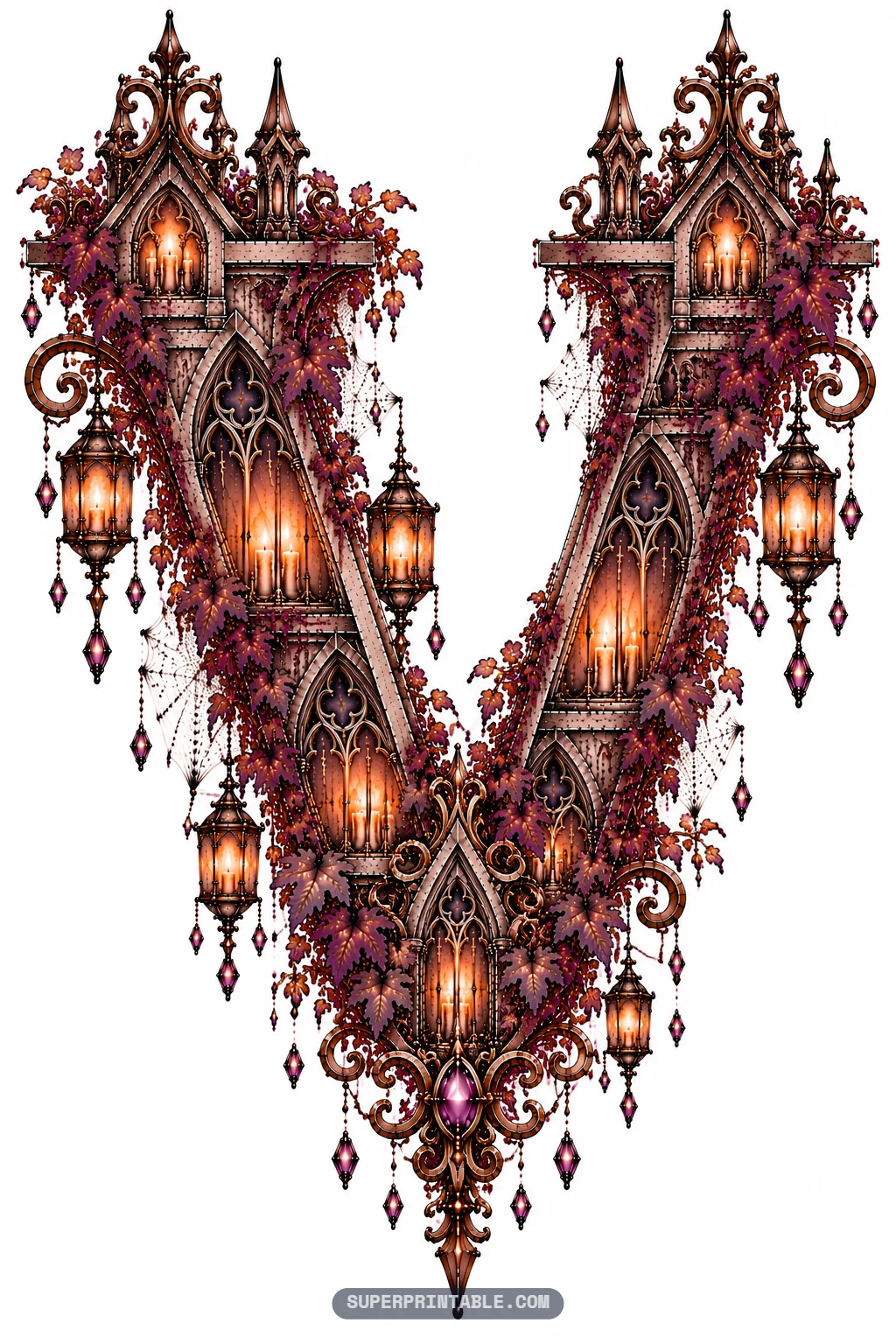 Architectural letter V shaped from two converging gothic towers with glowing lanterns