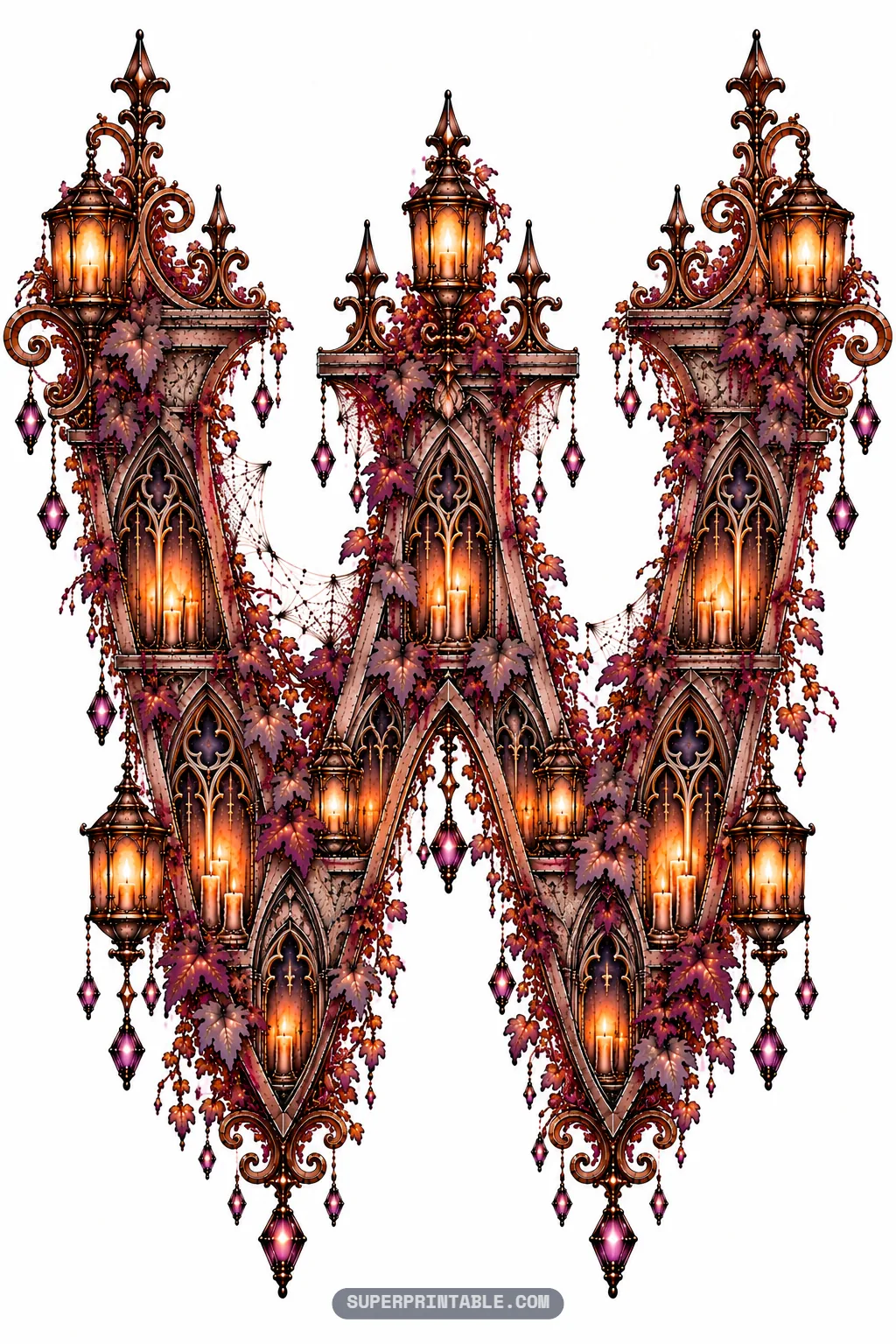 Expansive letter W designed with triple manor spires, illuminated arches, and lanterns