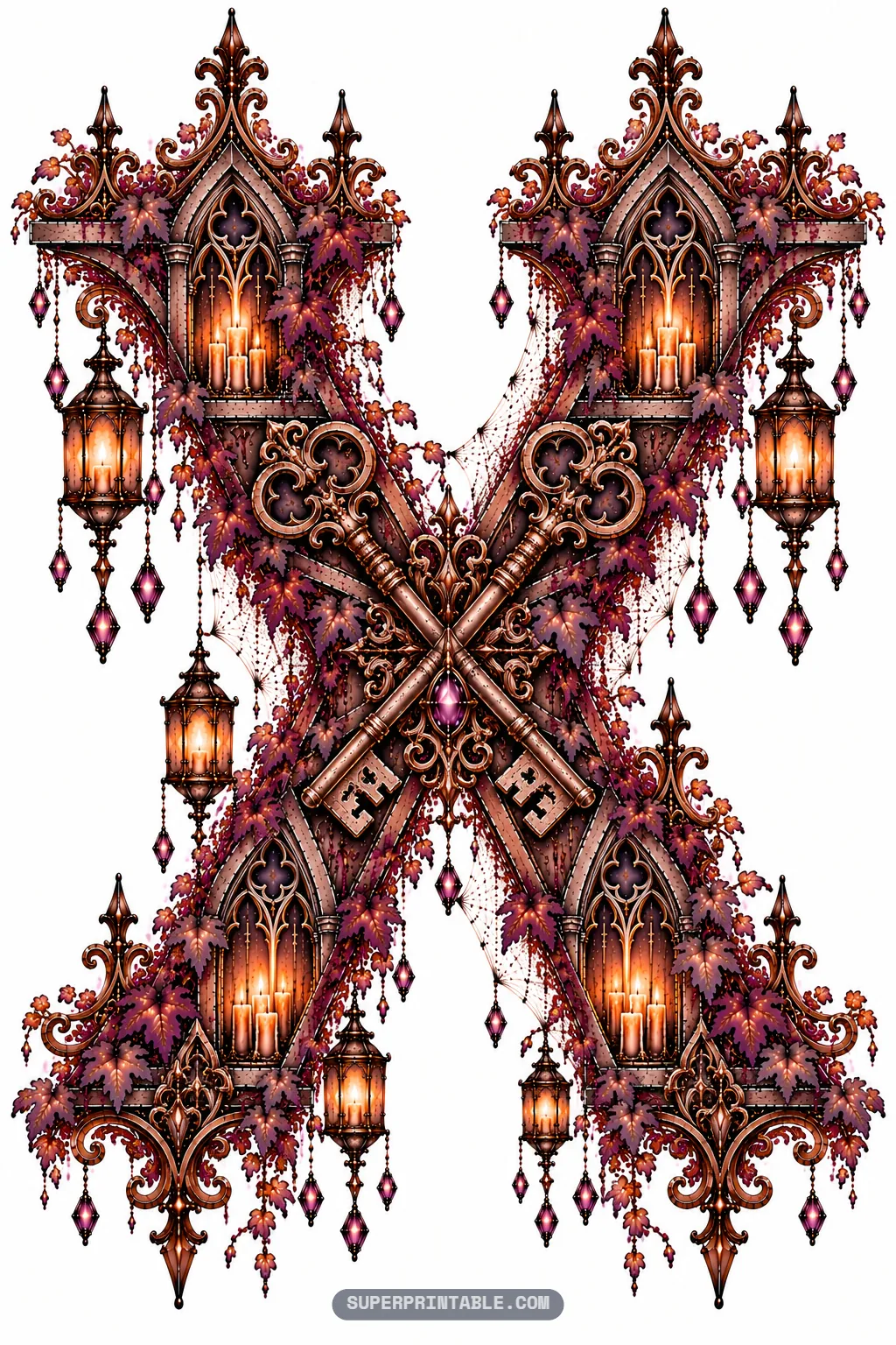 Gothic letter X formed with two large crossed skeleton keys, glowing lanterns, and ivy