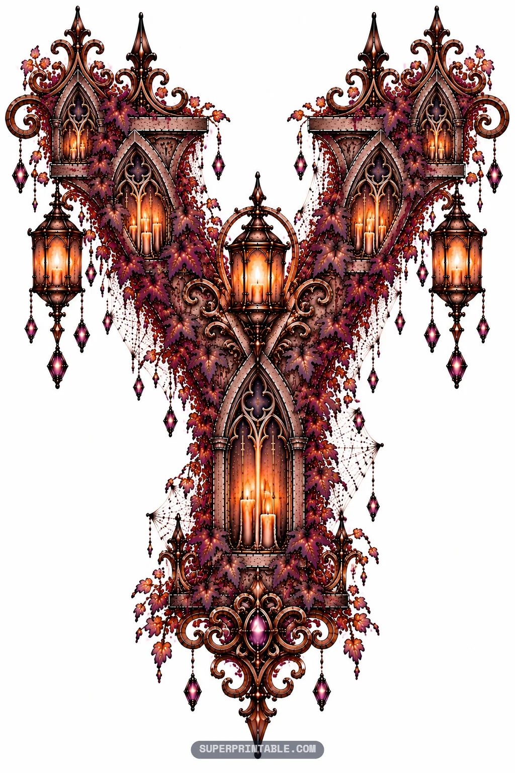 Gothic letter Y featuring branching gabled turrets, glowing lanterns, and purple leaves