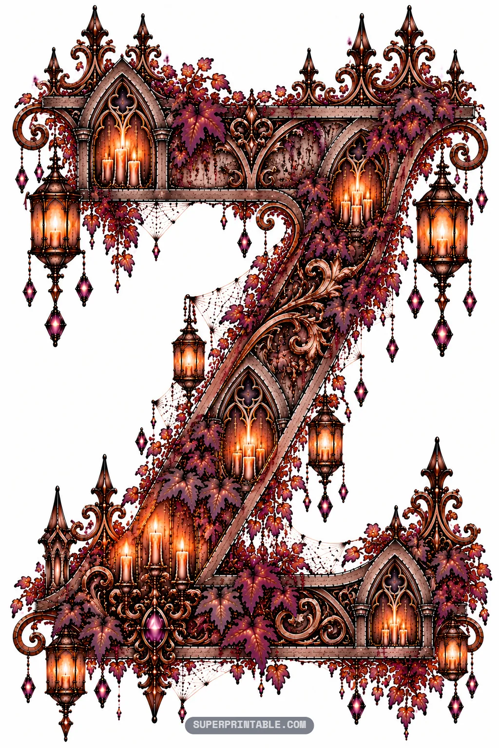 Architectural letter Z adorned with iron flourishes, candlelit alcoves, and lanterns
