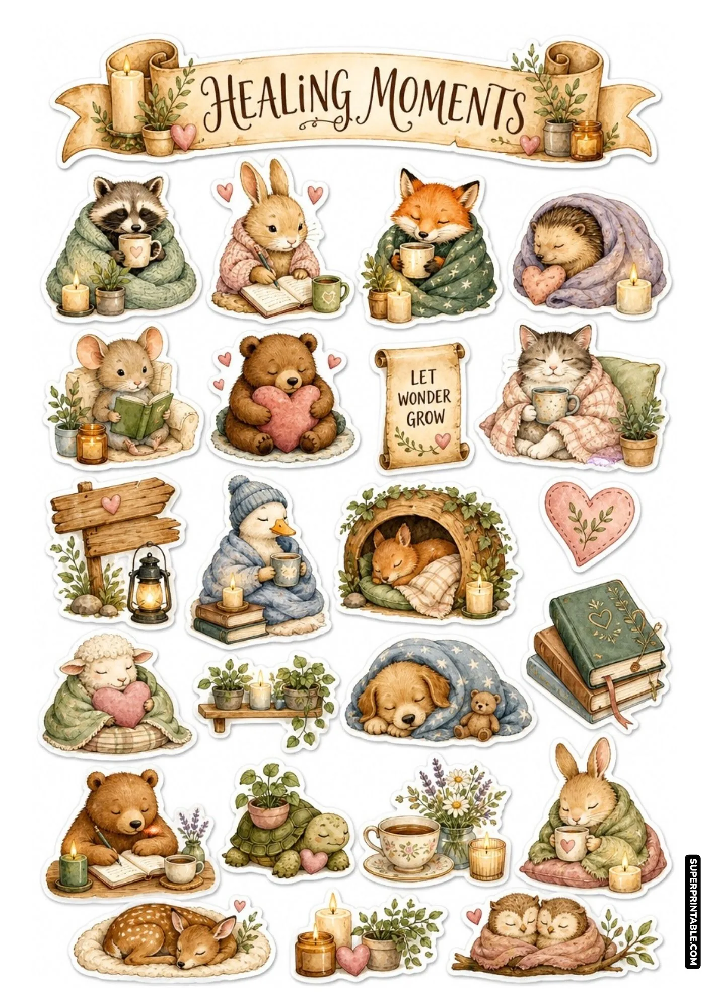 Forest animal sticker sheet with cozy sleeping deer, foxes, and bunnies near lit candles.