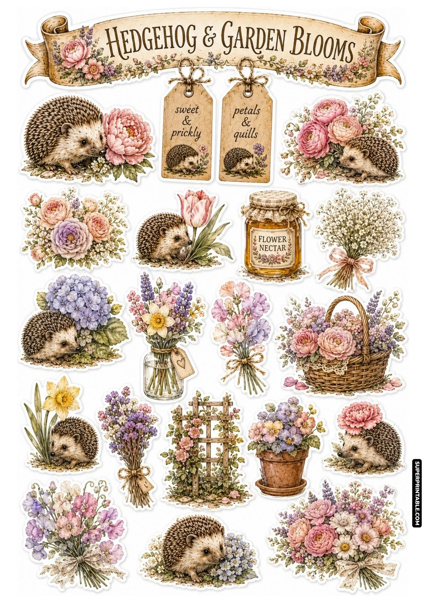 Botanical garden floral hedgehog stickers featuring pink peonies, sweet peas, lavender bunches, and flower nectar jar.