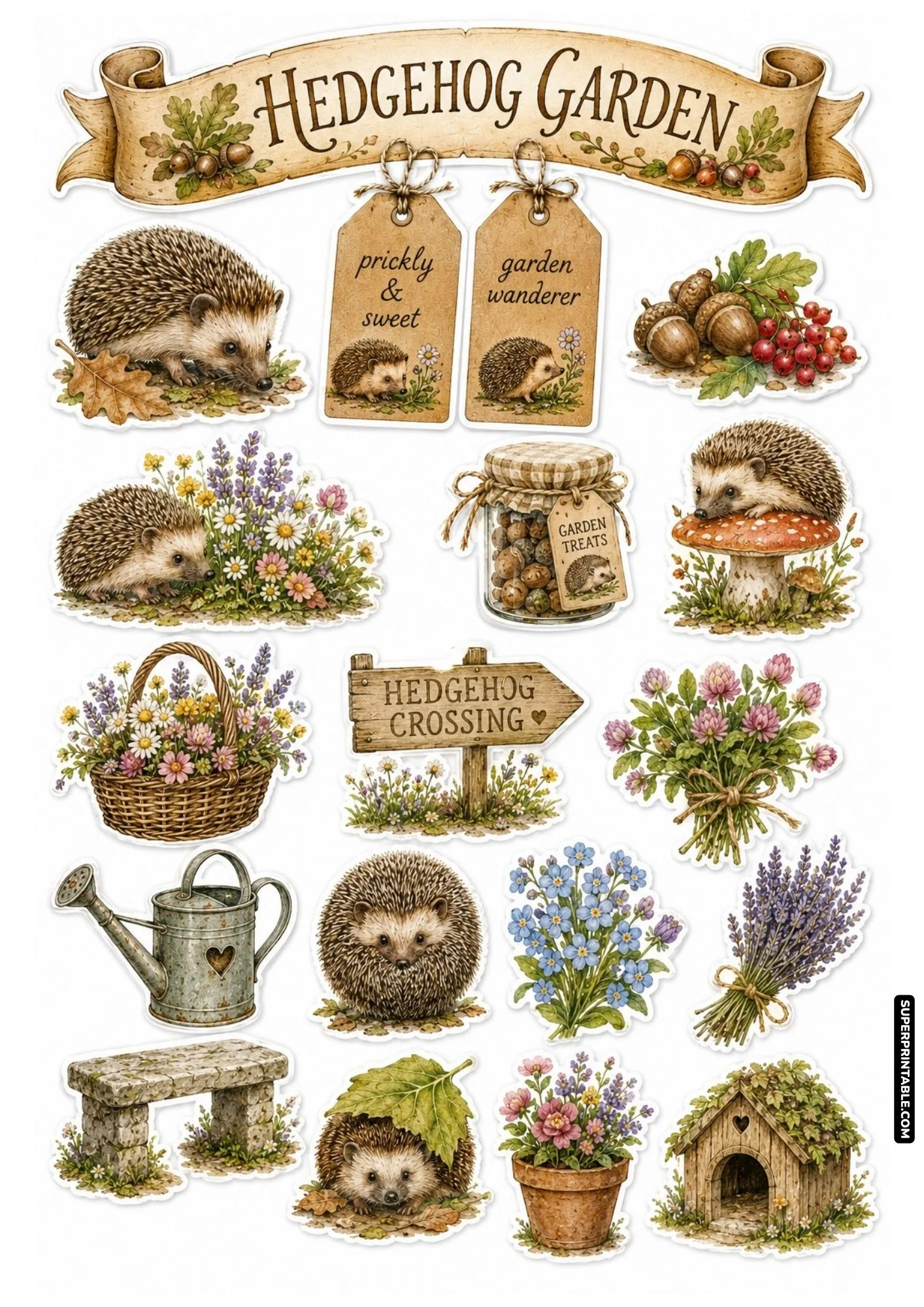 Woodland hedgehog sticker sheets with rustic garden path elements, acorns, wooden sign, lavender, and stone bench.