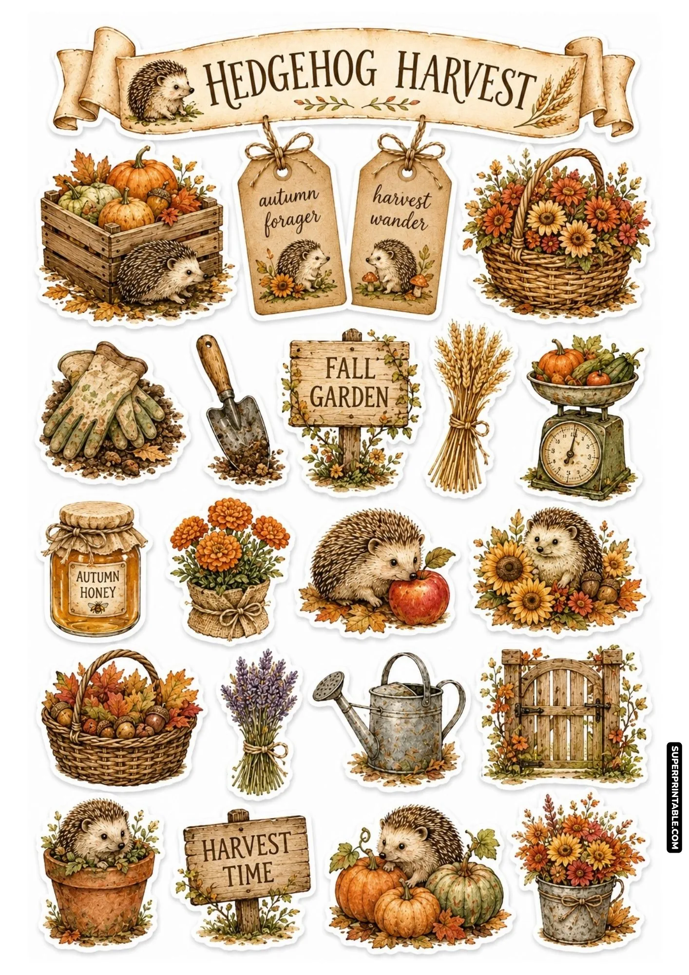 Autumn harvest hedgehog printable stickers featuring orange pumpkins, fall leaves, honey jar, and rustic floral basket.