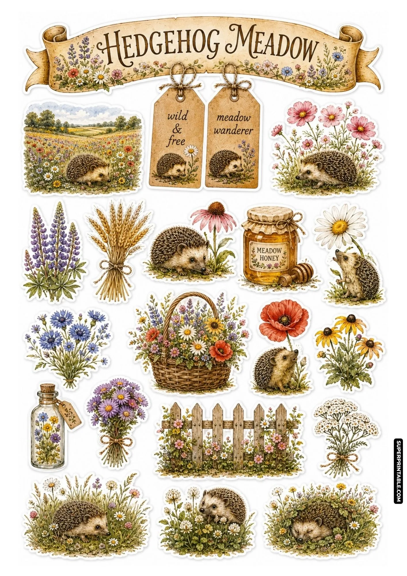 Wildflower meadow hedgehog printable sticker sheet with red poppies, yellow daisies, honey jar, and wooden fence.