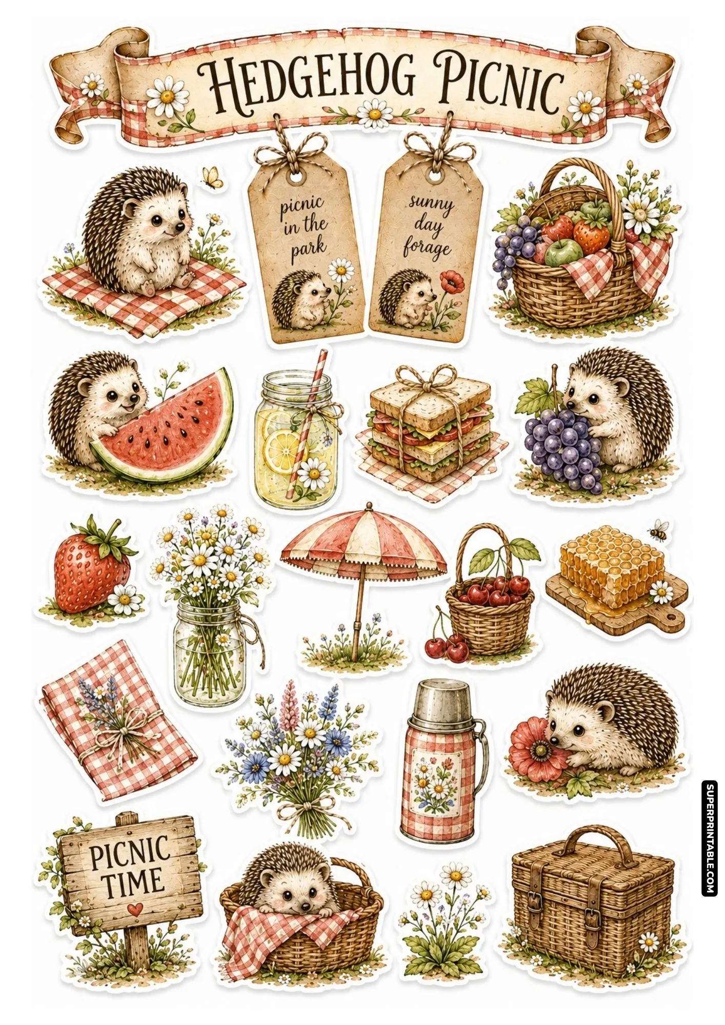 Outdoor picnic hedgehog sticker sheet with red gingham plaid blanket, watermelon, lemonade, and fruit baskets.