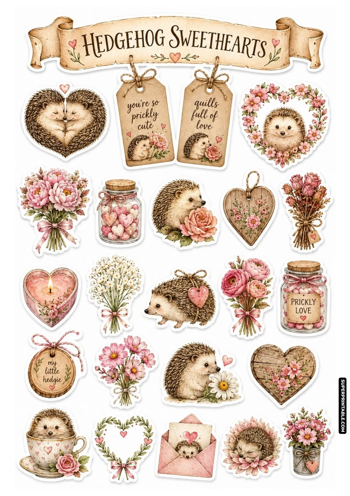 Valentine sweetheart hedgehog printable stickers with pink rose bouquets, heart jars, love letters, and floral wreaths.